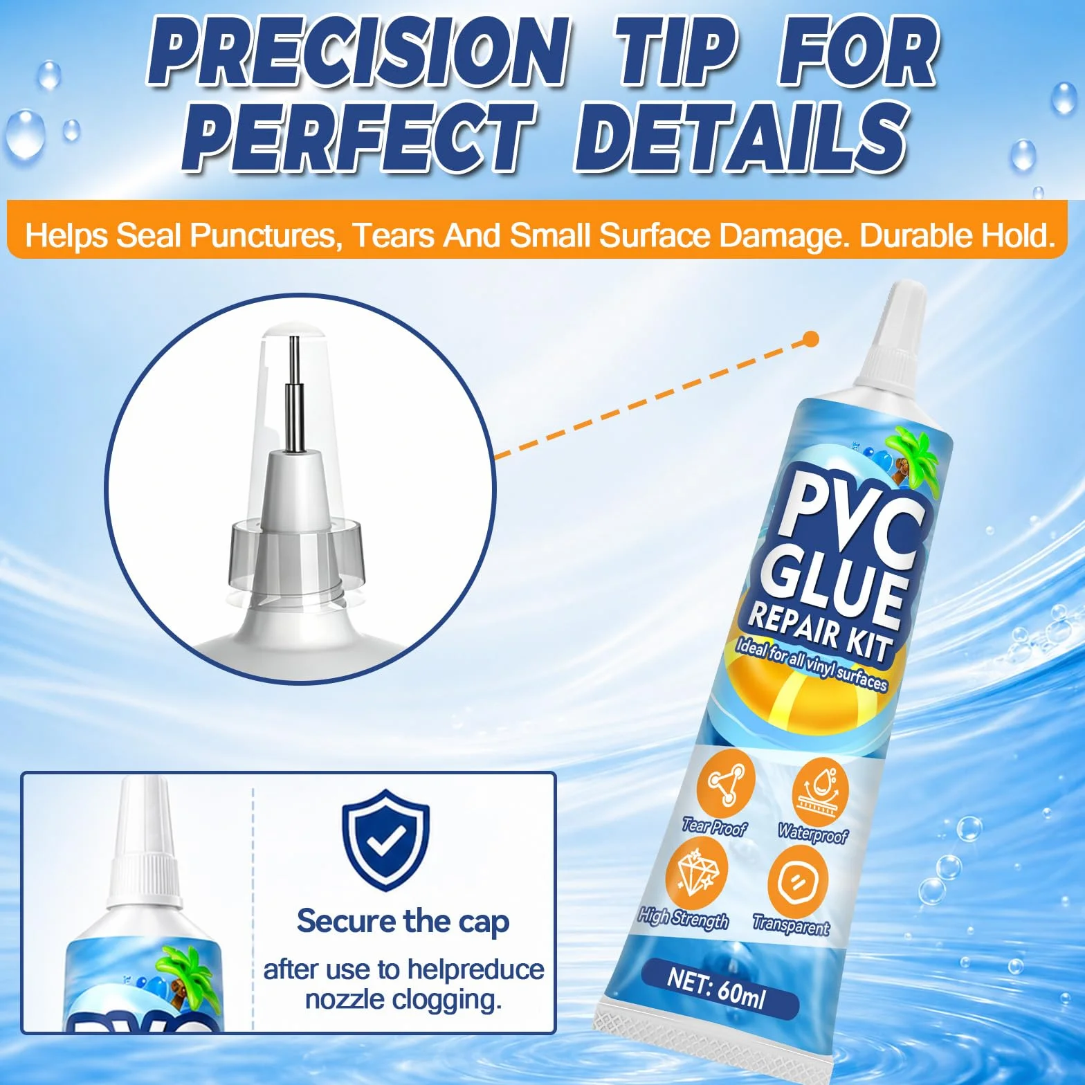Vigorder Parches Piscina 60ml Kit Reparación Impermeable Vinilo Inflables Piscina Jacuzzi Barco PVC Balsa Kayak Exterior