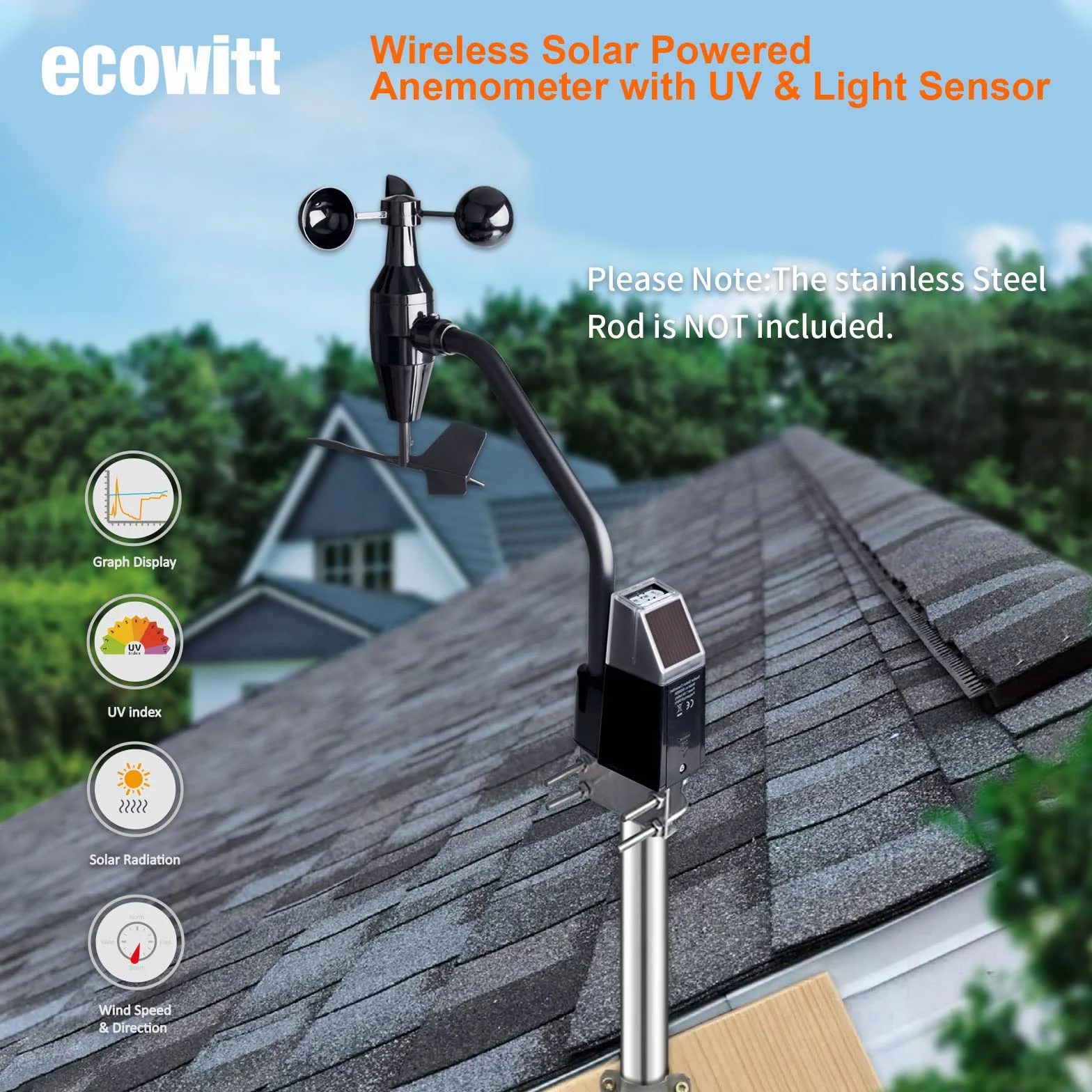 Ecowitt WS68 Anemómetro Inalámbrico Sensor de Velocidad y Dirección del Viento Solar