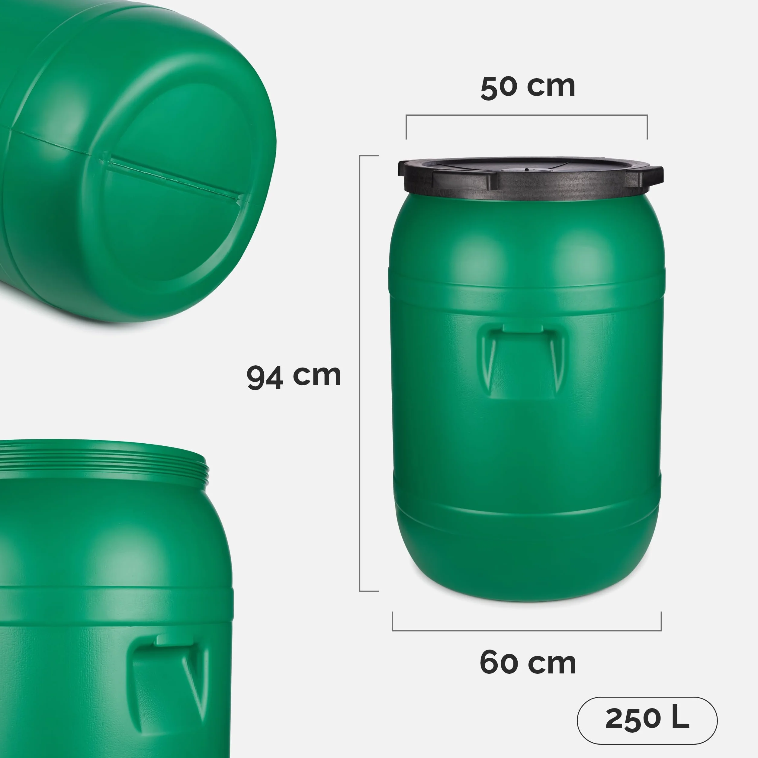 Bidón de plástico 250 litros HDPE sin BPA Barril alimentario boca ancha verde Garronda