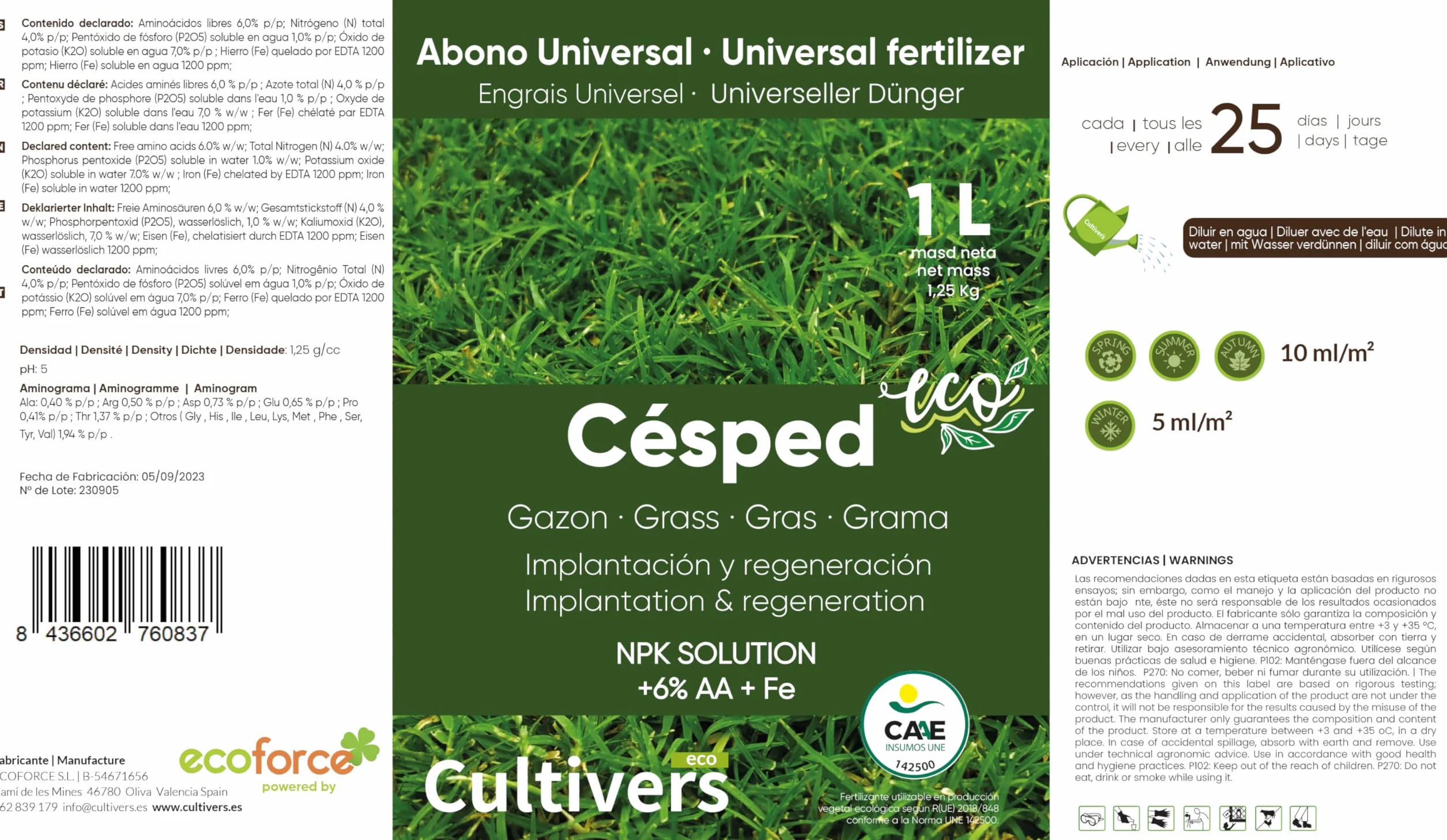 CULTIVERS Fertilizante Césped Ecológico 5L Abono Líquido Micronutrientes Aminoácidos Orgánico Natural