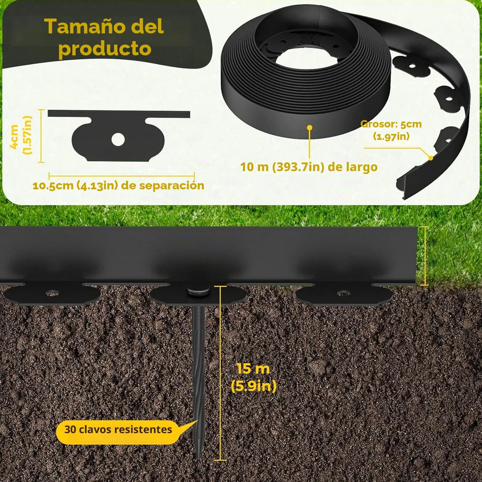 Borde De CéSped En Forma De L, Tira De 10 M con 30 Estacas De FijacióN, Ideal para Aislar CéSped Y Piedras, Y para Crear Zonas Verdes En Jardines Y Parques (Negro, Altura 5 cm)