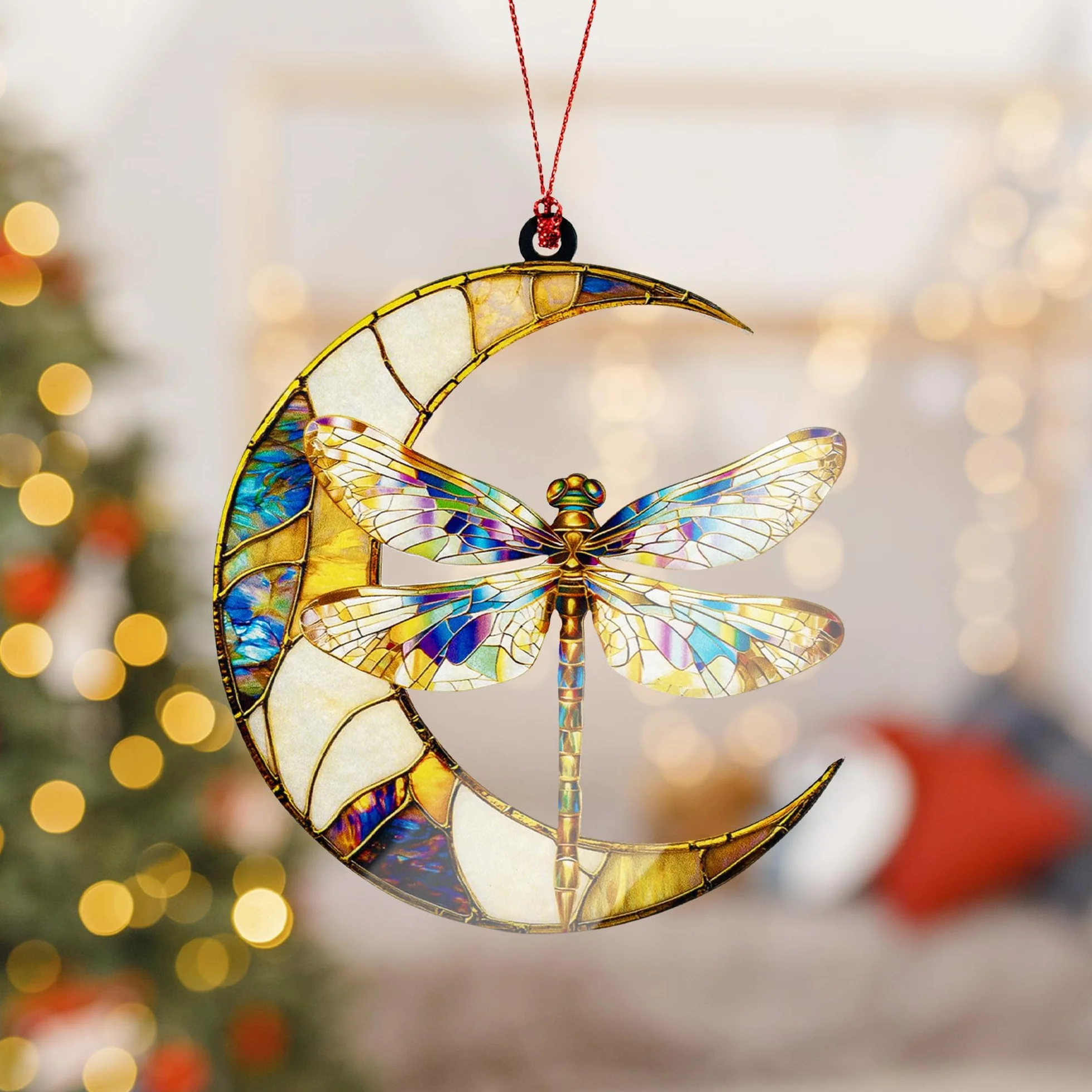 Atrapasoles de Cristal con Libélula y Luna, Colgante Decorativo para Ventanas y Hogar
