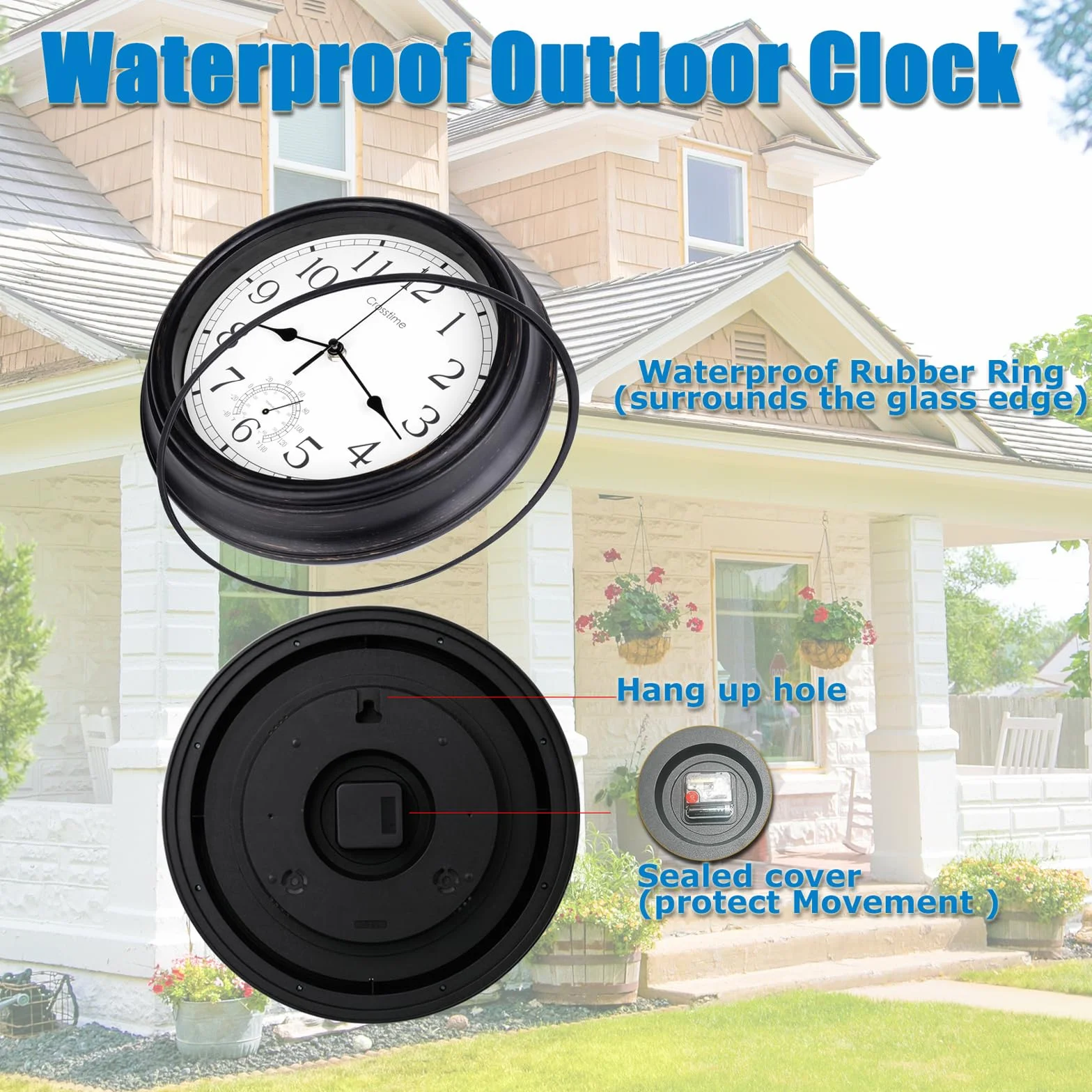 Reloj de Pared Grande 16 Pulgadas Impermeable con Termómetro Bronce para Exteriores