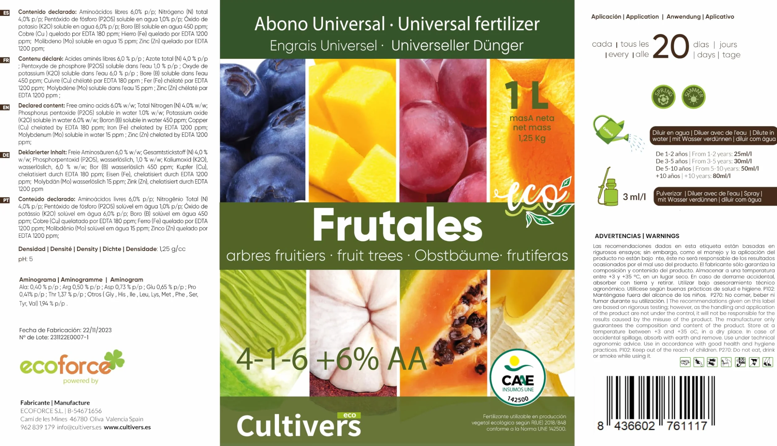 CULTIVERS Fertilizante Frutales Ecológico 2x1 L Abono Líquido Orgánico