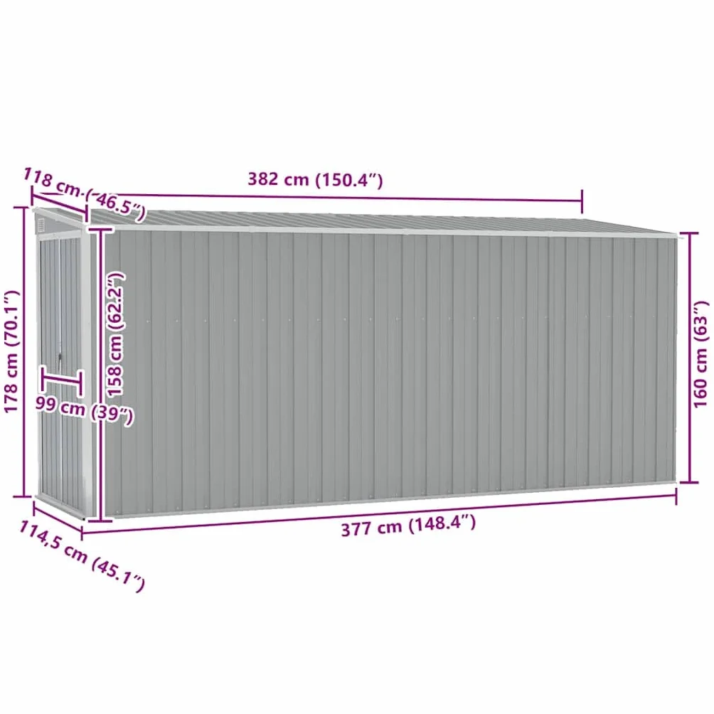 vidaXL Cobertizo Jardín Acero Galvanizado Gris 118x382x178 cm