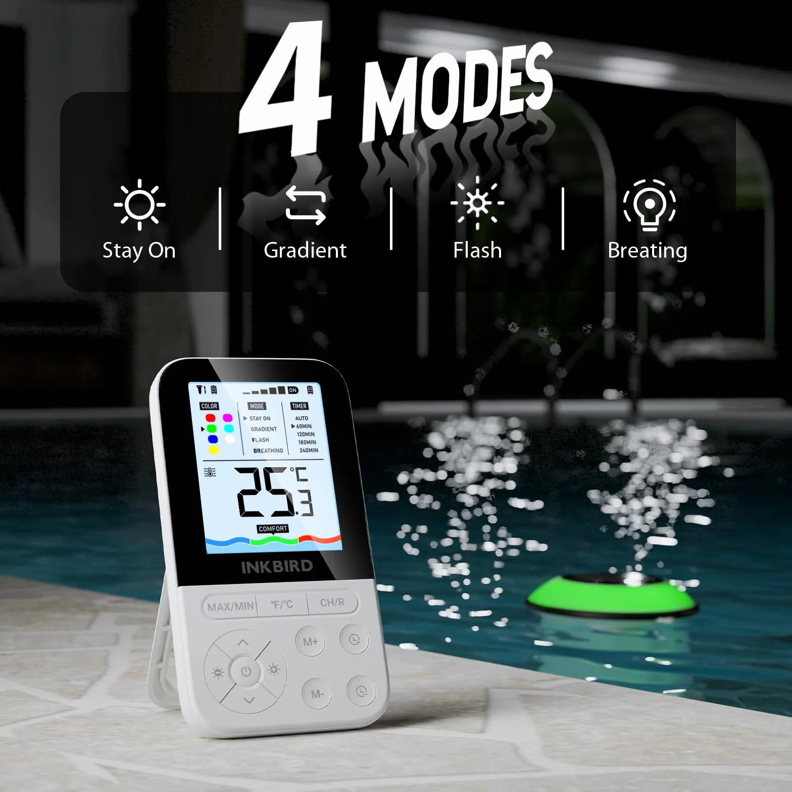 Inkbird IBS-P05R Termómetro Piscina Solar con 7 Luz Colorida, IP68, Sensor Automático, Mando a Distancia