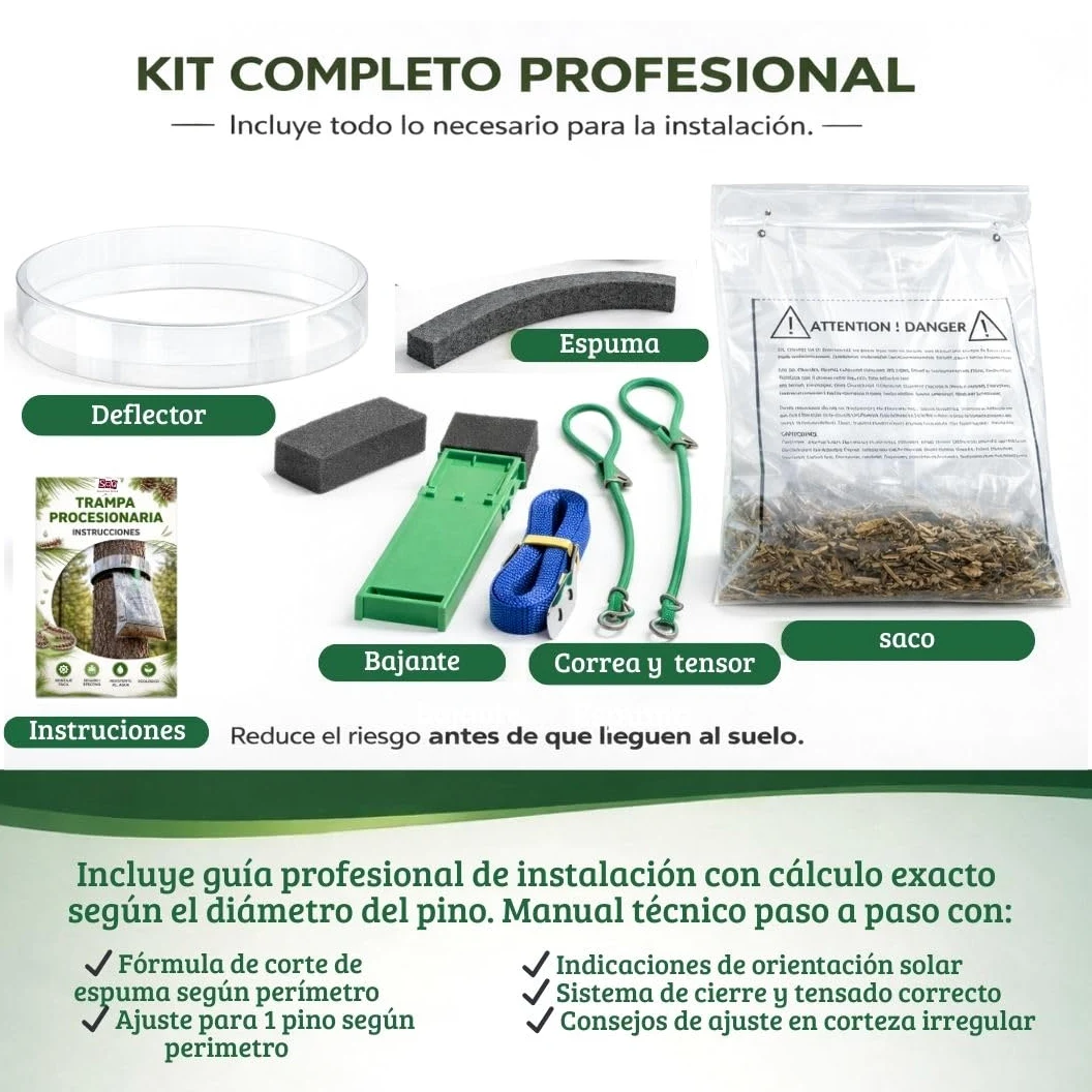 Trampa Procesionaria del Pino Profesional | Kit Completo + guia Instalación | hasta 140 cm de Perímetro | Sistema Ecológico de Alta Eficacia contra la Oruga Procesionaria (ECOLOGICO, 1.0, Unidad)