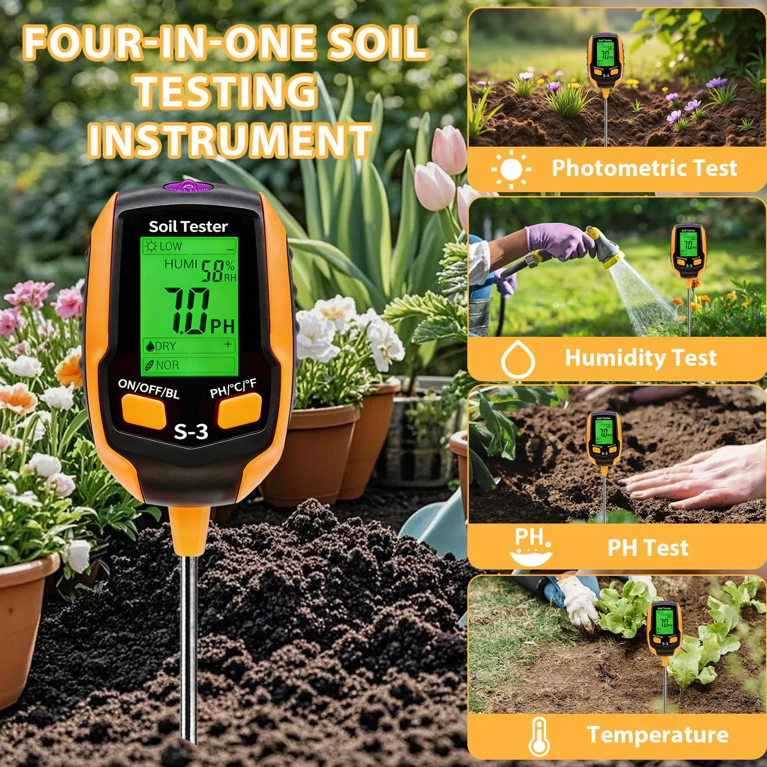 Medidor de Humedad Plantas 4 en 1, Medidor PH Tierra Digital con Pantalla LCD, Sensor Luz Solar para Jardinería