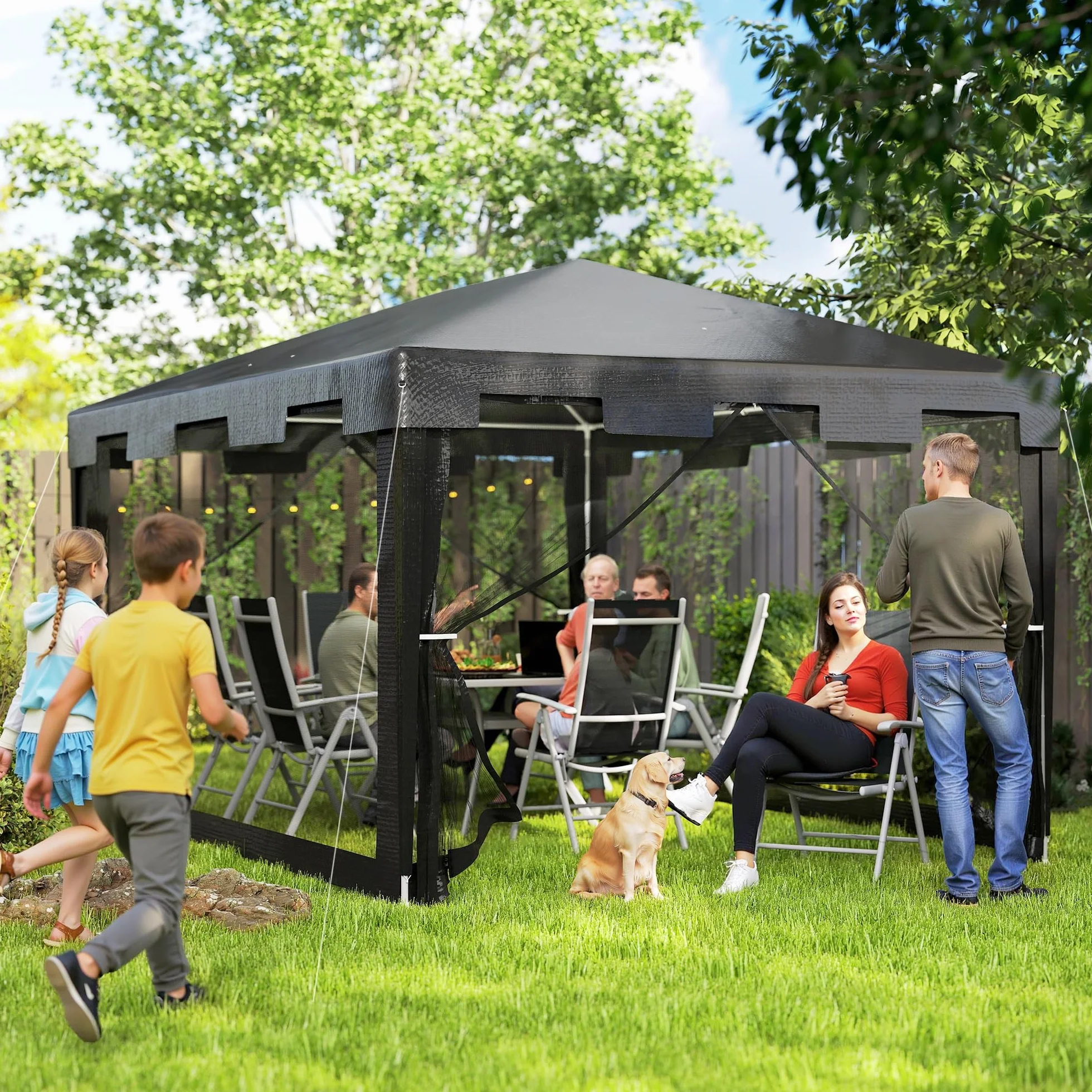 Outsunny Carpa de Jardín 4x3 m Cenador Desmontable Exterior con 4 Mosquiteras Laterales 2 Puertas con Cremallera y 6 Orificios de Drenaje Impermeable Anti-UV para Terraza Patio Playa Gris Oscuro