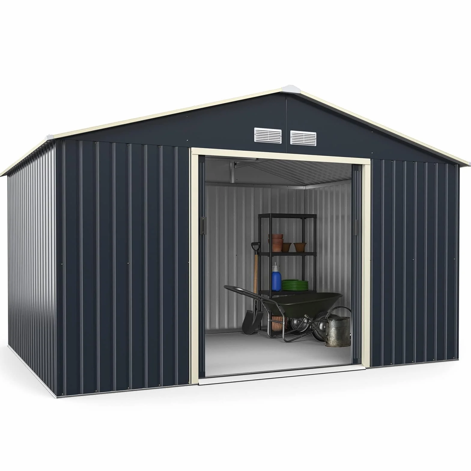 COSTWAY Cobertizo Jardin Exterior Acero Galvanizado 8.7m² 340x255x210cm 2 Puertas Correderas Antracita