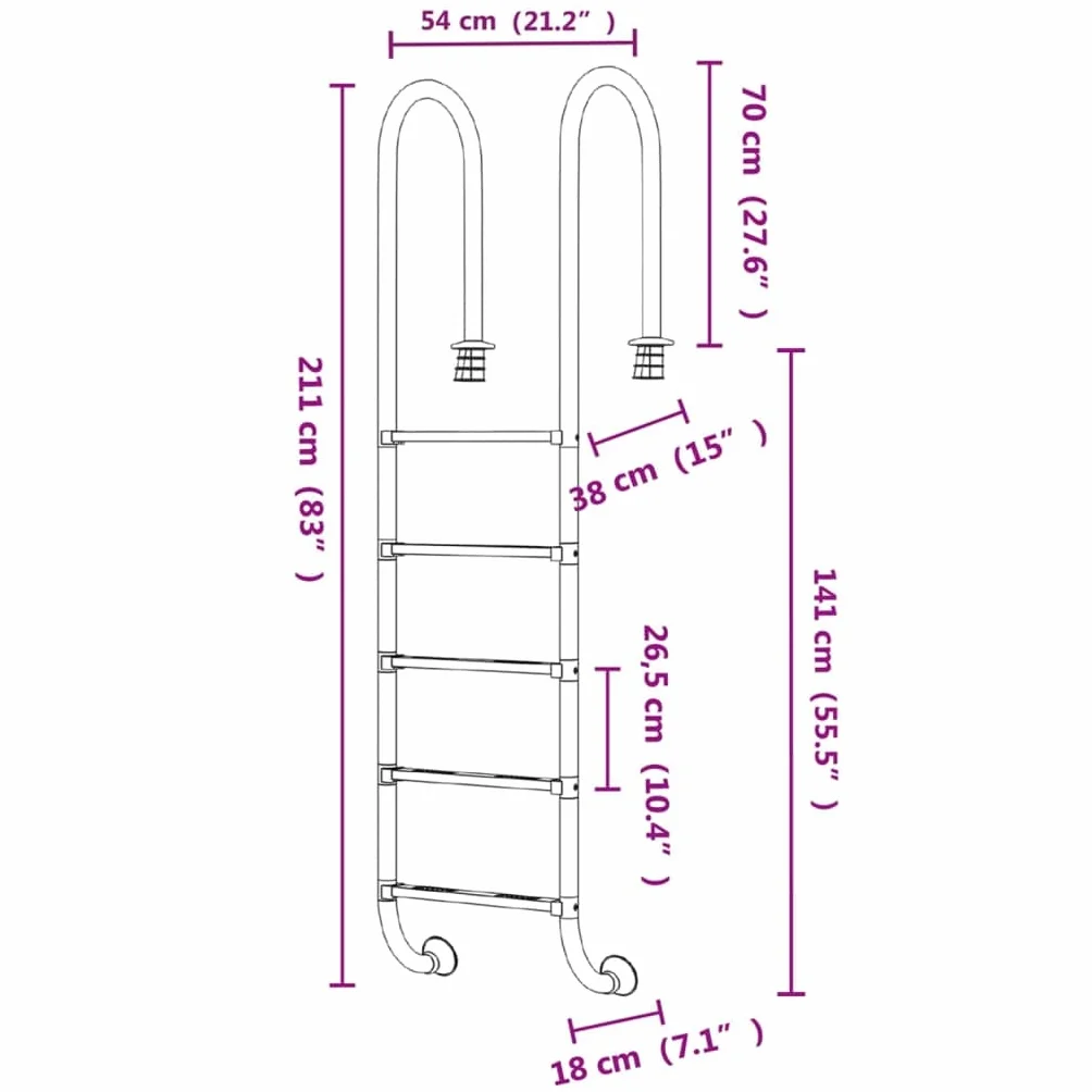 vidaXL Escalera de Piscina Acero Inoxidable 304 54x38x211 cm