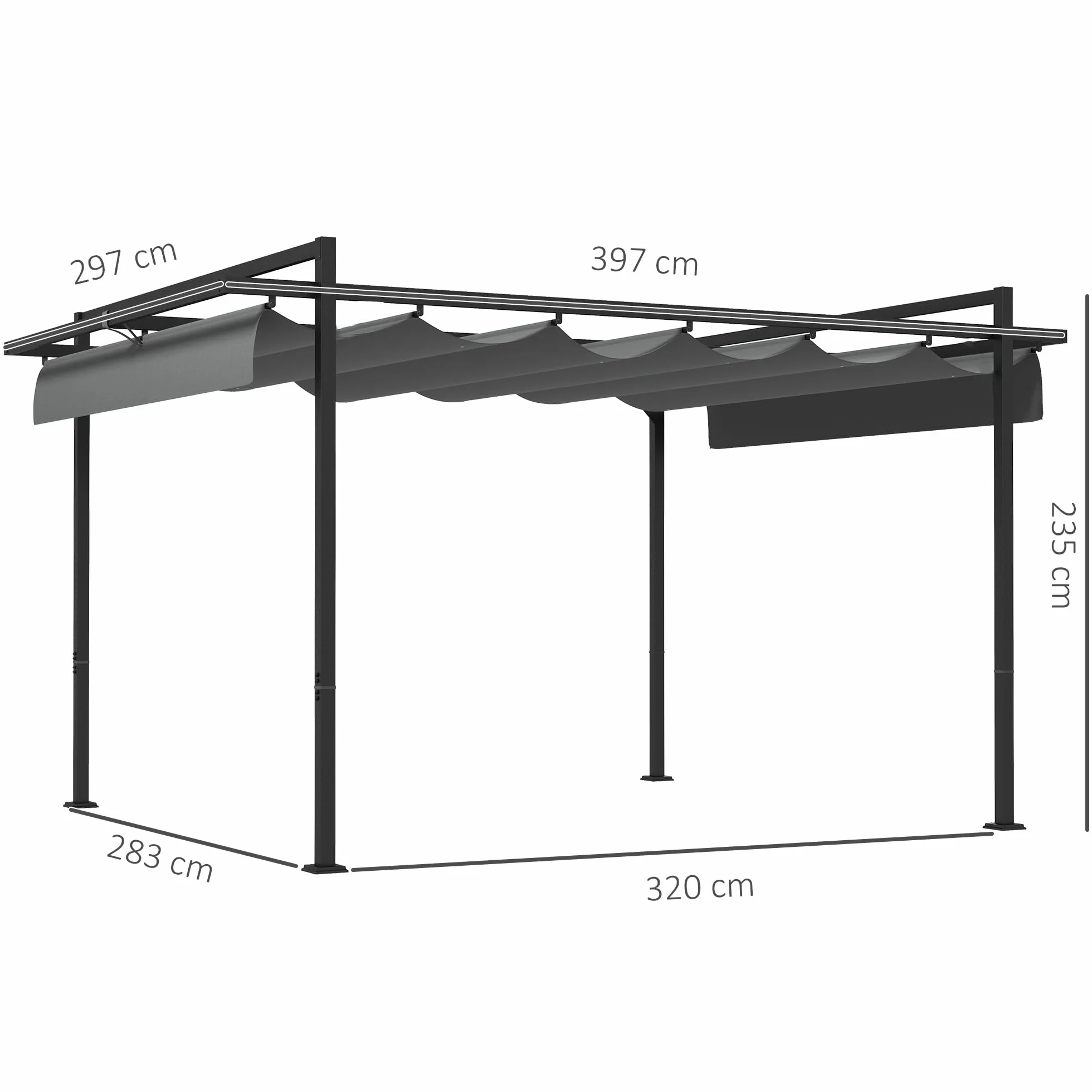 Outsunny Pérgola 3x4 m Gazebo Cenador de Jardín con Techo Retráctil de Poliéster y 12 Orificios de Drenaje Pérgola para Patio Terraza Exterior Gris Oscuro