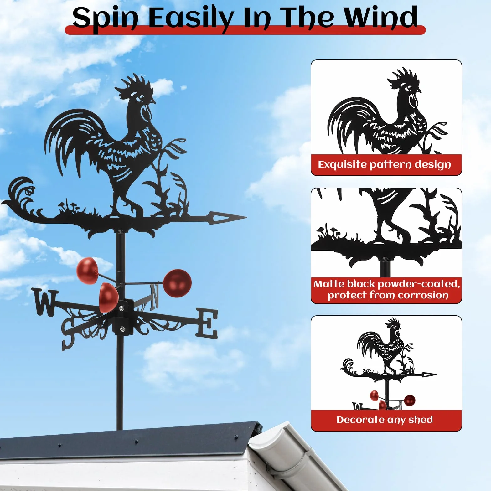 Tefola Veleta de Viento para Tejado, Metal Retro con Soporte, Decoración de Jardín Gallo 33 x 58 cm