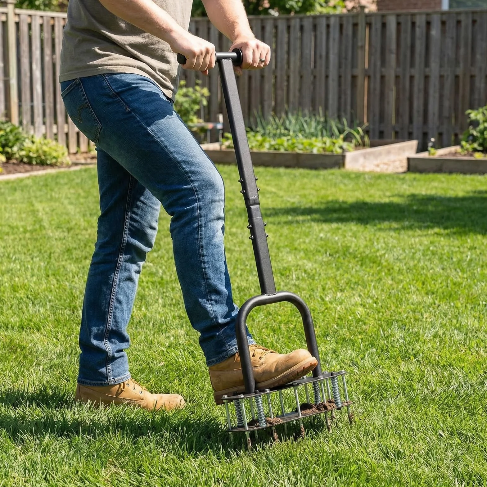 Aireador De Césped Manual,Aireador de Césped con 2 Filas Y 11 Púas De Acero,Escarificador Cesped Manual Ajustable en Altura para Cuidado del césped Patio Jardín