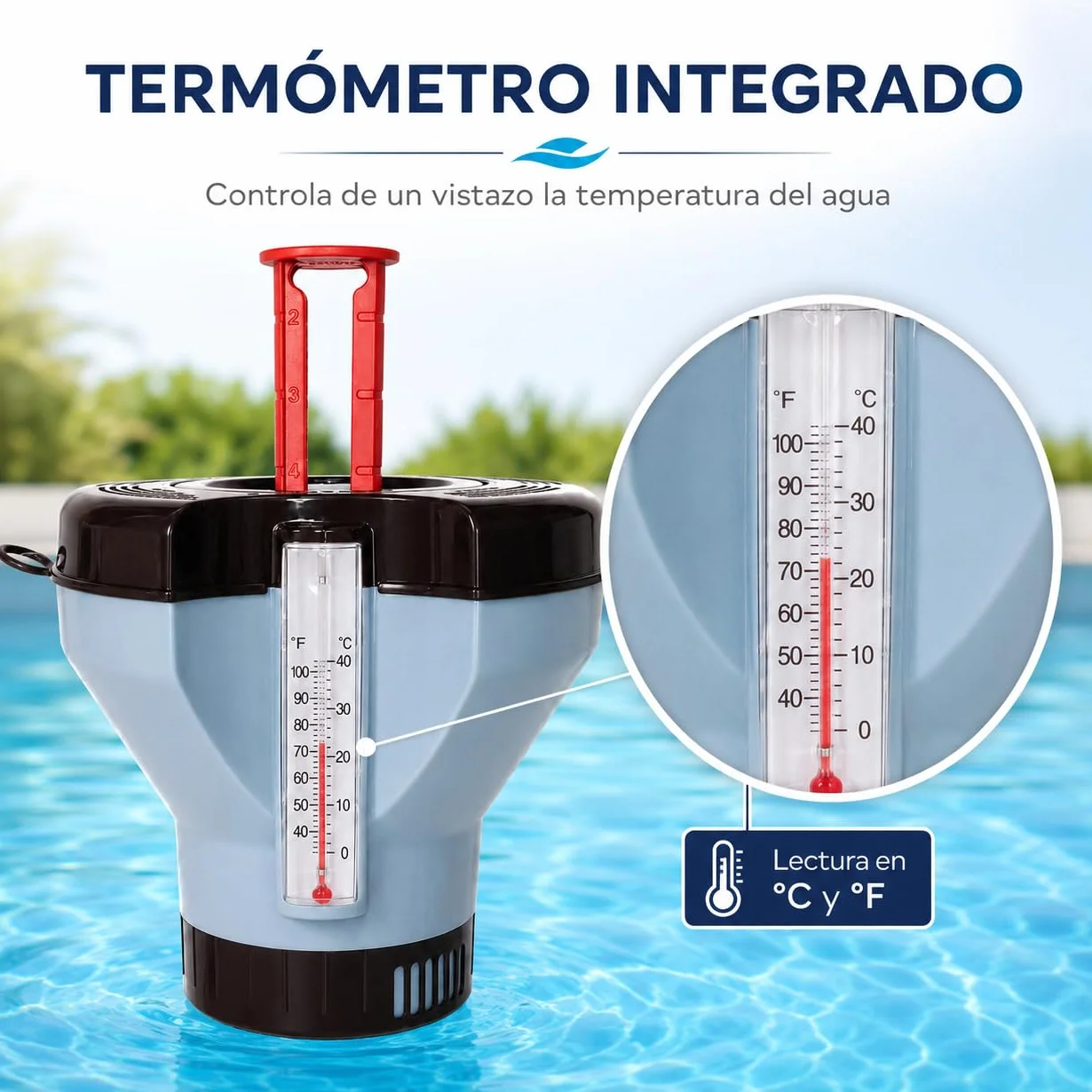 Dosificador de Pastillas de Cloro con Termómetro Integrado y Avisador, Flotador para Piscina con Indicador de Temperatura (Grande Pastillas de 200 Gramos)
