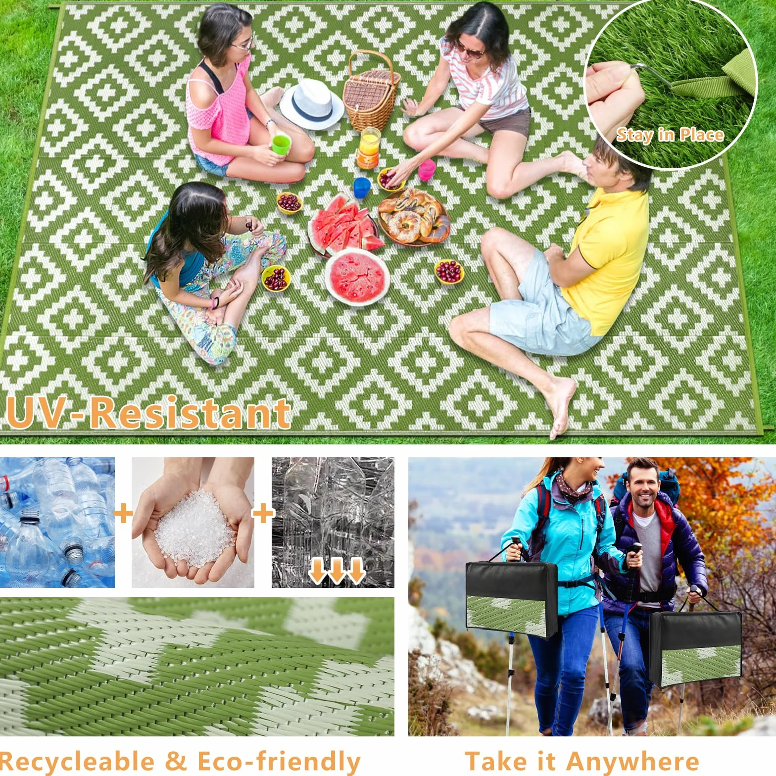 Alfombra de Exterior Homcomodar 180x270cm Paja Plástico Resistente a UV Impermeable Reversible Verde