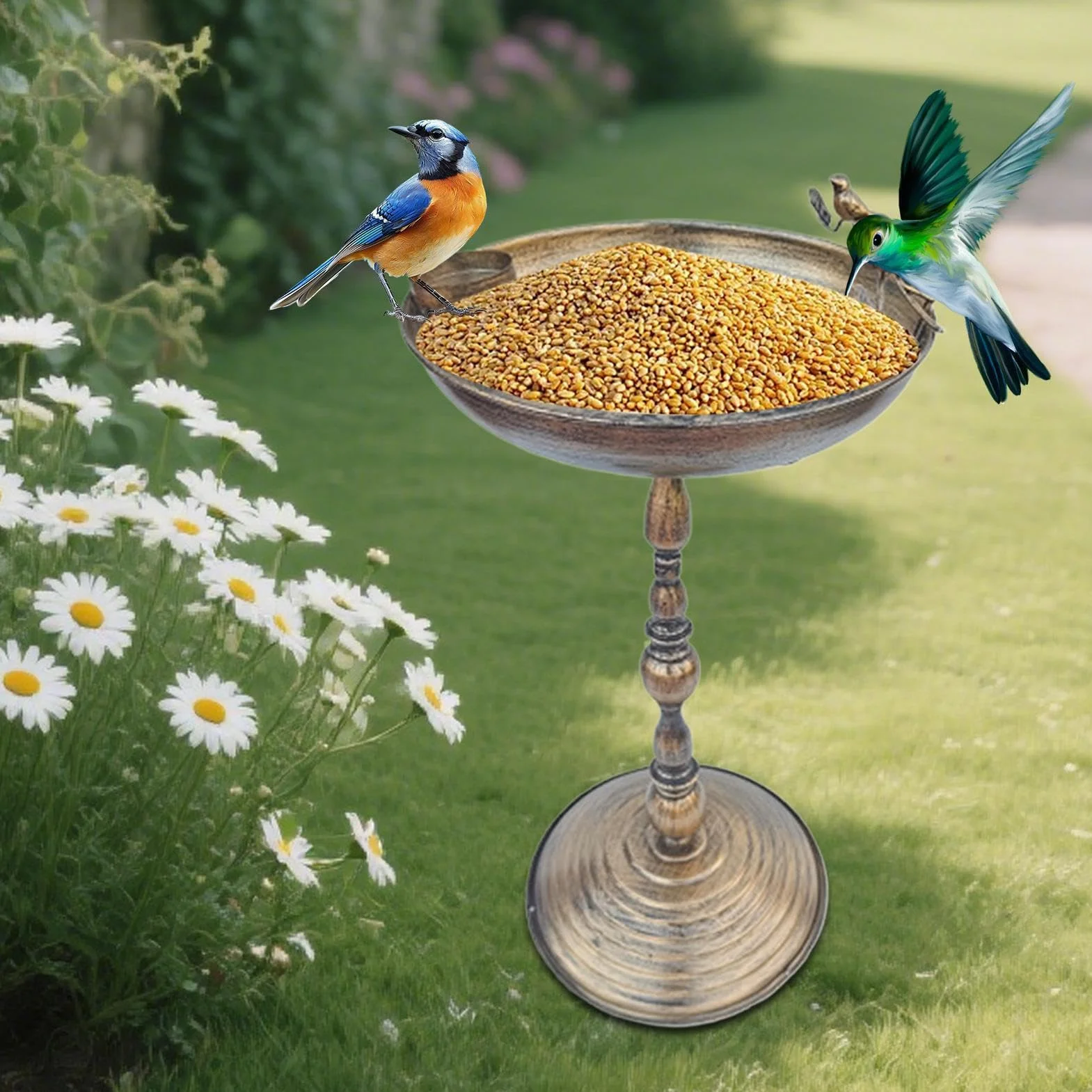 Bebedero para Aves de Exterior de Hierro Antiguado con Base y Plato para Jardín