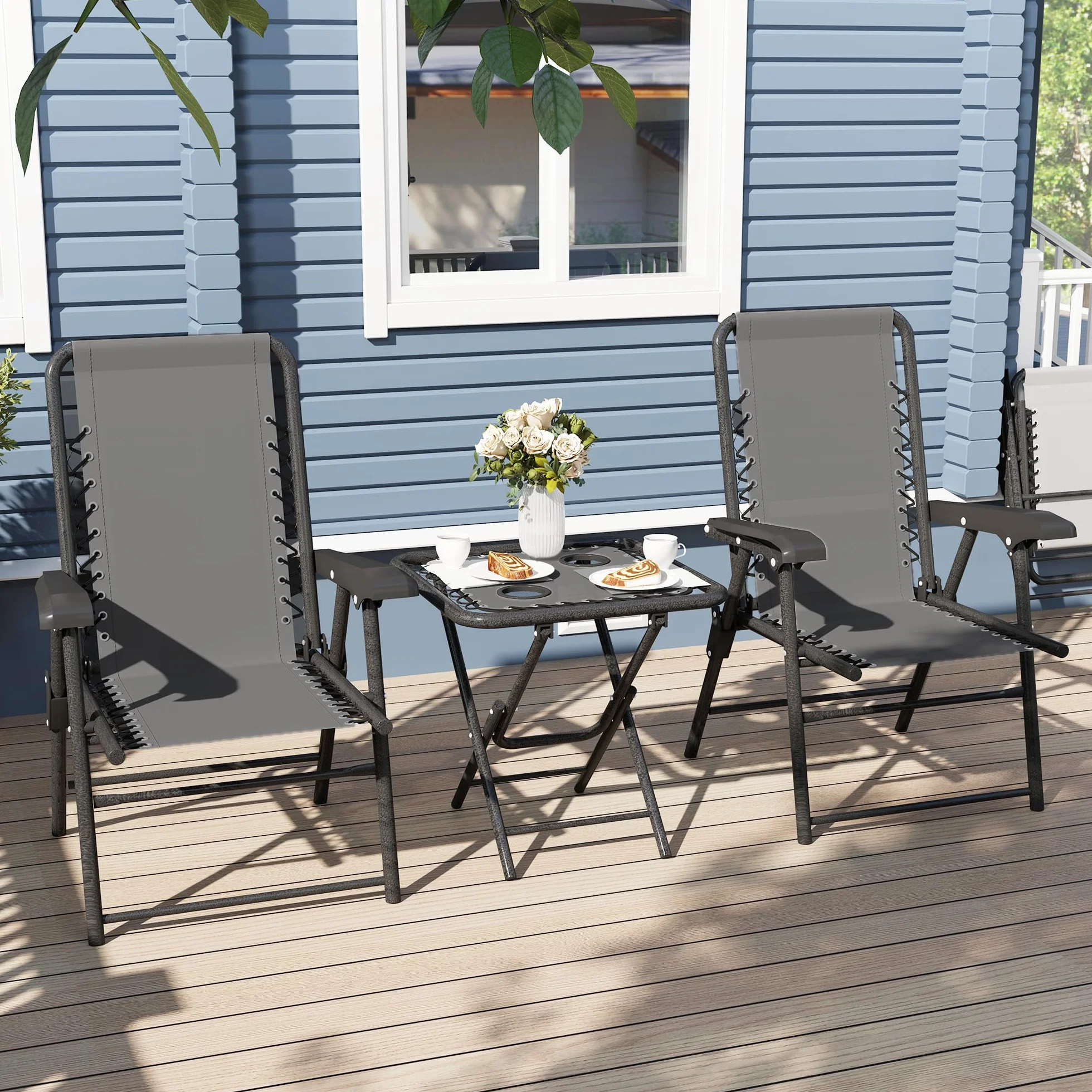 Outsunny Conjunto de Mesa y Sillas de Terraza Exterior 3 Piezas Plegables con Estructura de Acero Gris Oscuro