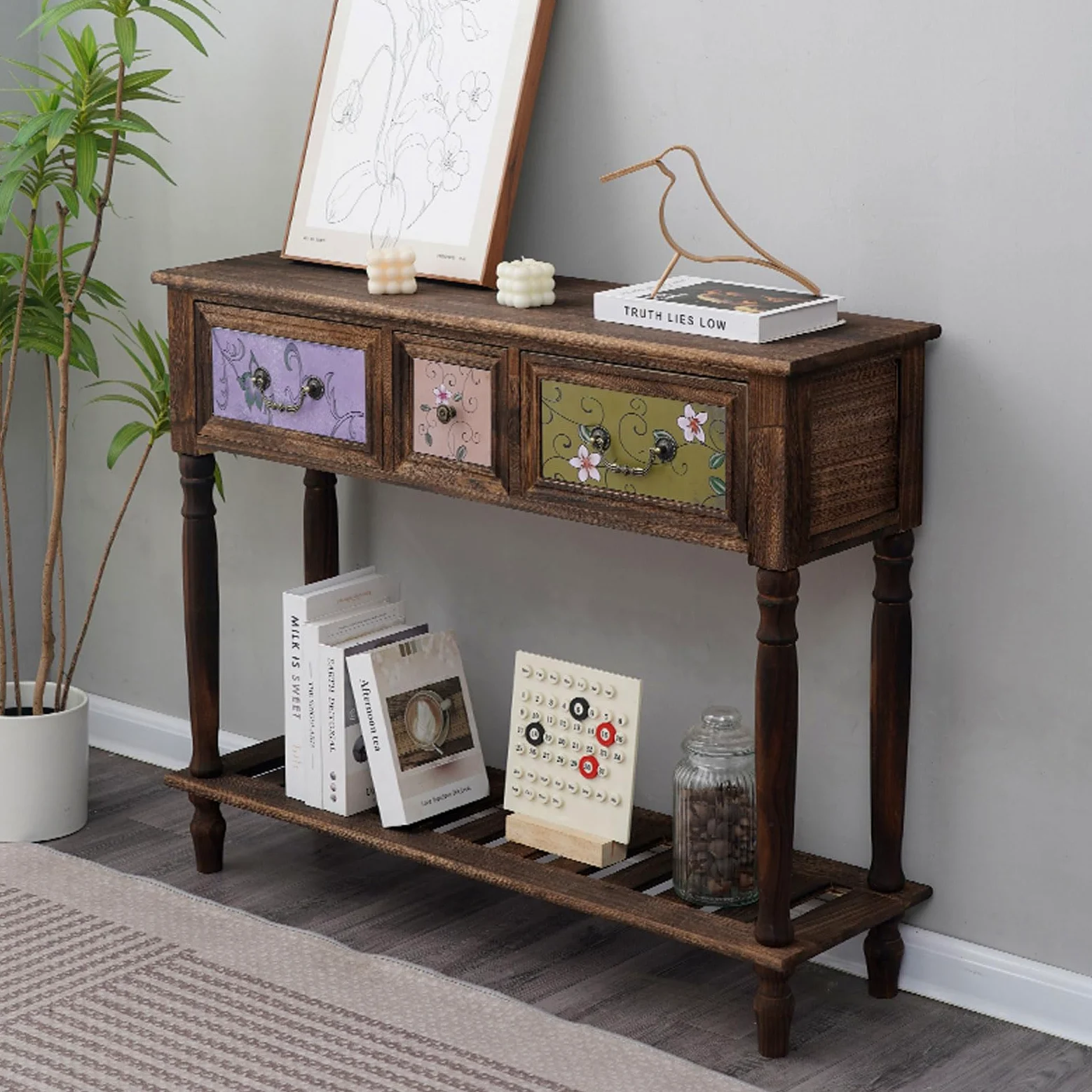 Consola de Entrada con 3 cajones, Cómoda de Madera Maciza con estantes, Mesa de recibidor, Mueble de almacenaje, Mesa Auxiliar para sofá, Mueble Bar