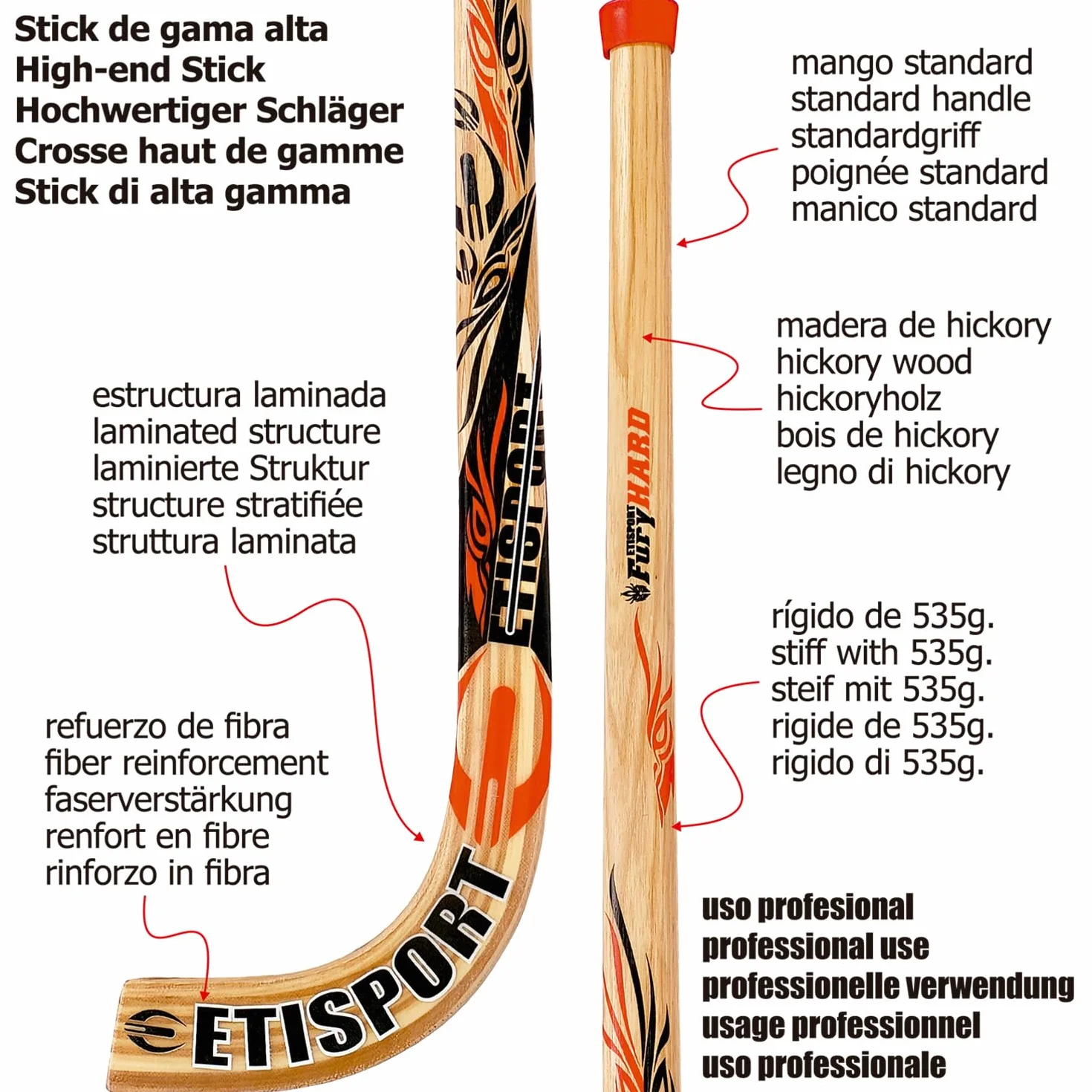 Stick de Hockey Fury Hard Profesional Rígido Peso Medio-Alto Mango Hickory Mayor Grosor Pala Laminada Fibra Exterior