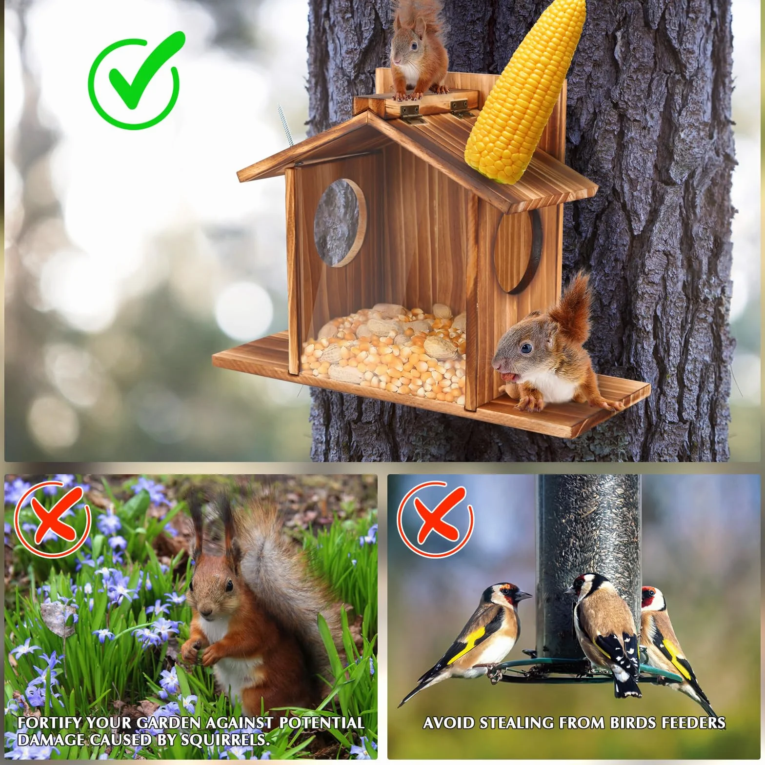 Comedero para ardillas de madera maciza resistente a la intemperie techo impermeable