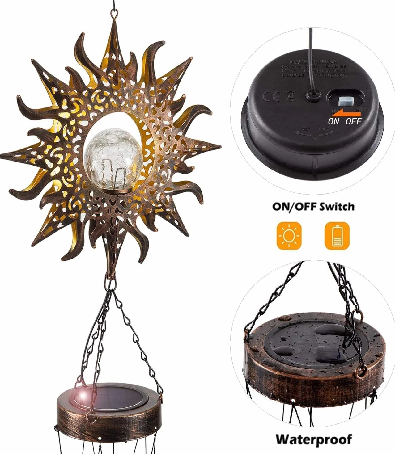lifemet Campanillas de viento con luces solares LED impermeable metal para exterior jardín