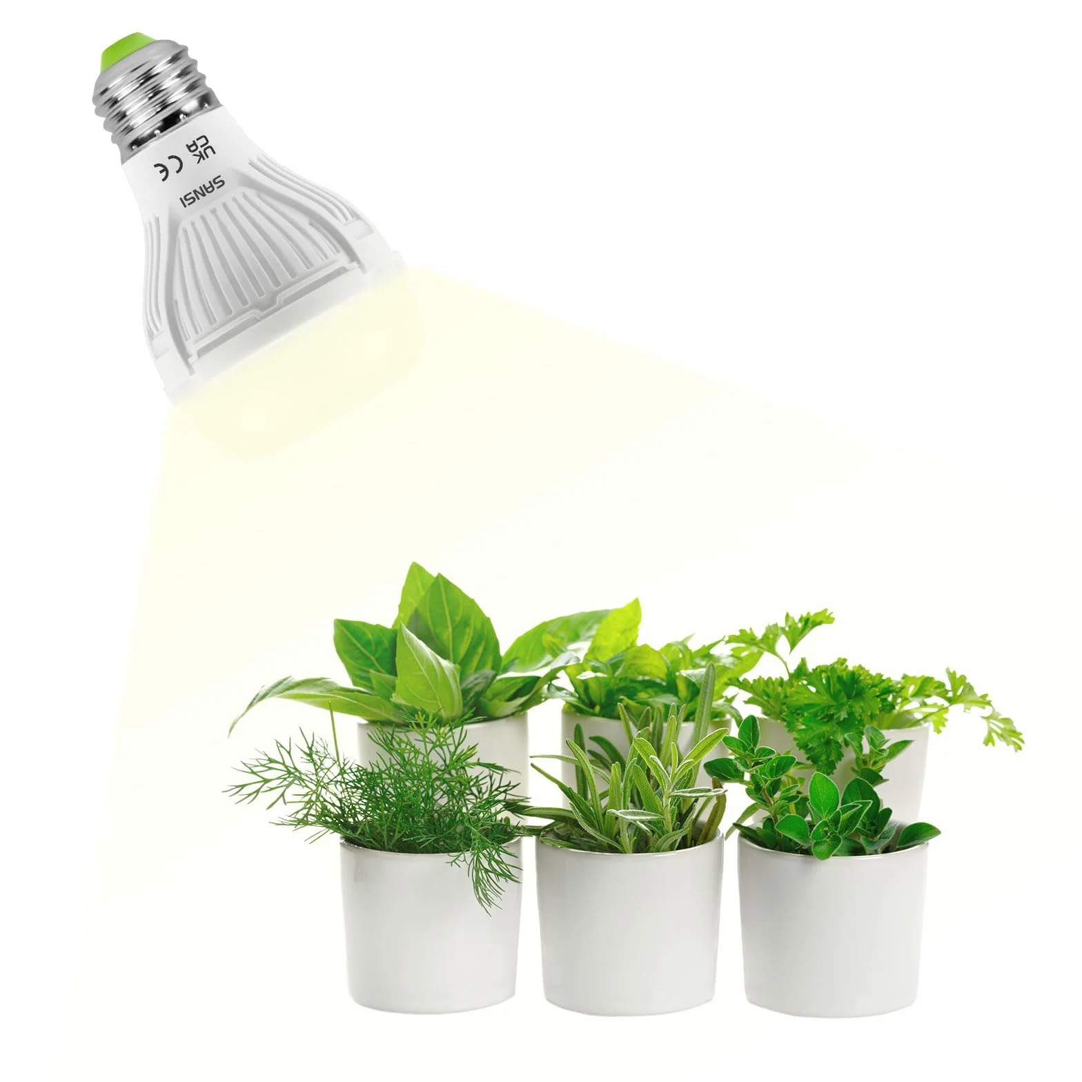 SANSI Lampara de Plantas 150W, Bombilla LED Crecimiento E27, Espectro Completo, 120°, PPF 16 μmol/s, 2x1 Sq Ft