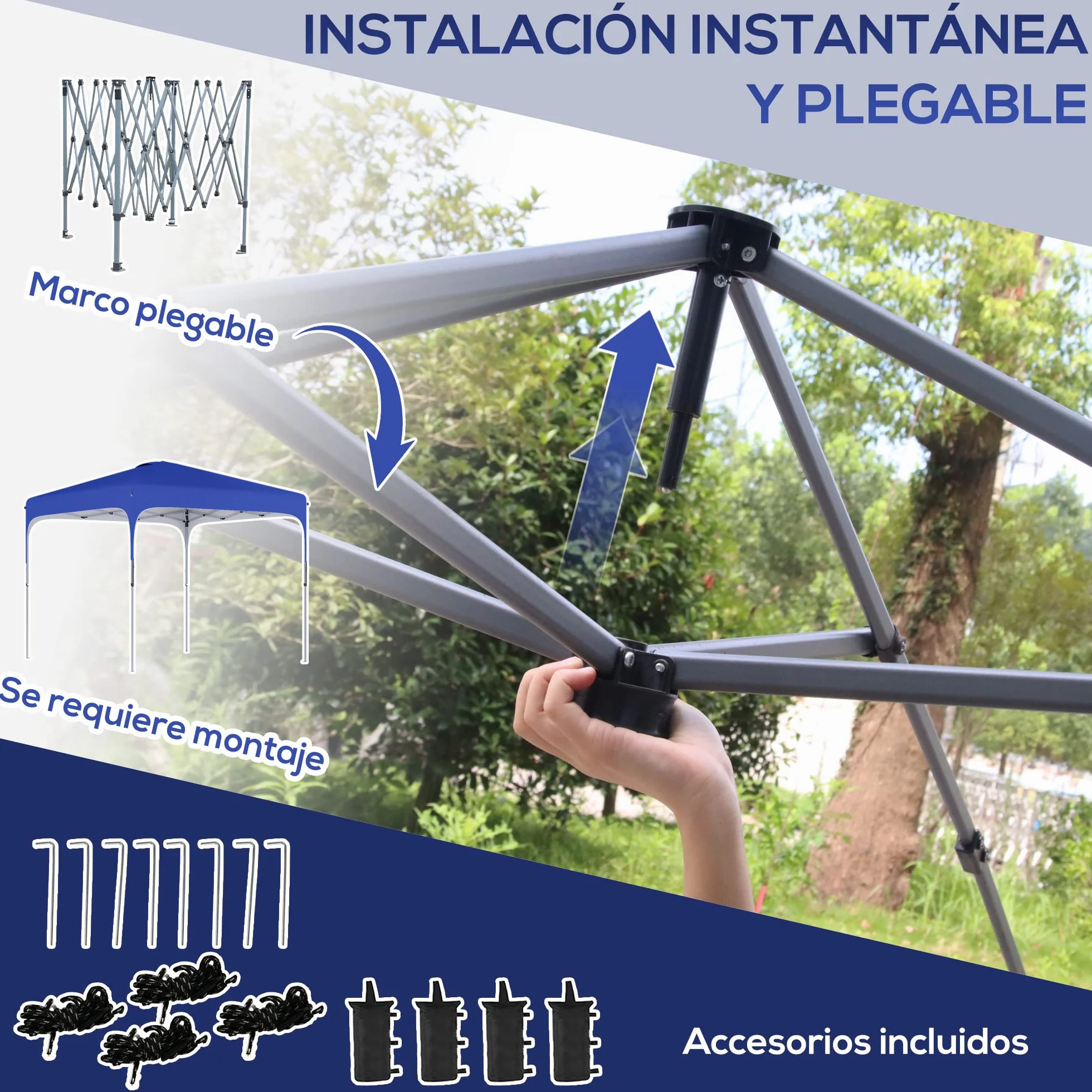 Outsunny Cenador Plegable Pop-UP 2,5x2,5x2,68 m Carpa de Jardín Protección UV 50+ Ajustable en Altura con 4 Bolsas de Arena y Bolsa de Transporte para Camping Fiestas Patio Azul