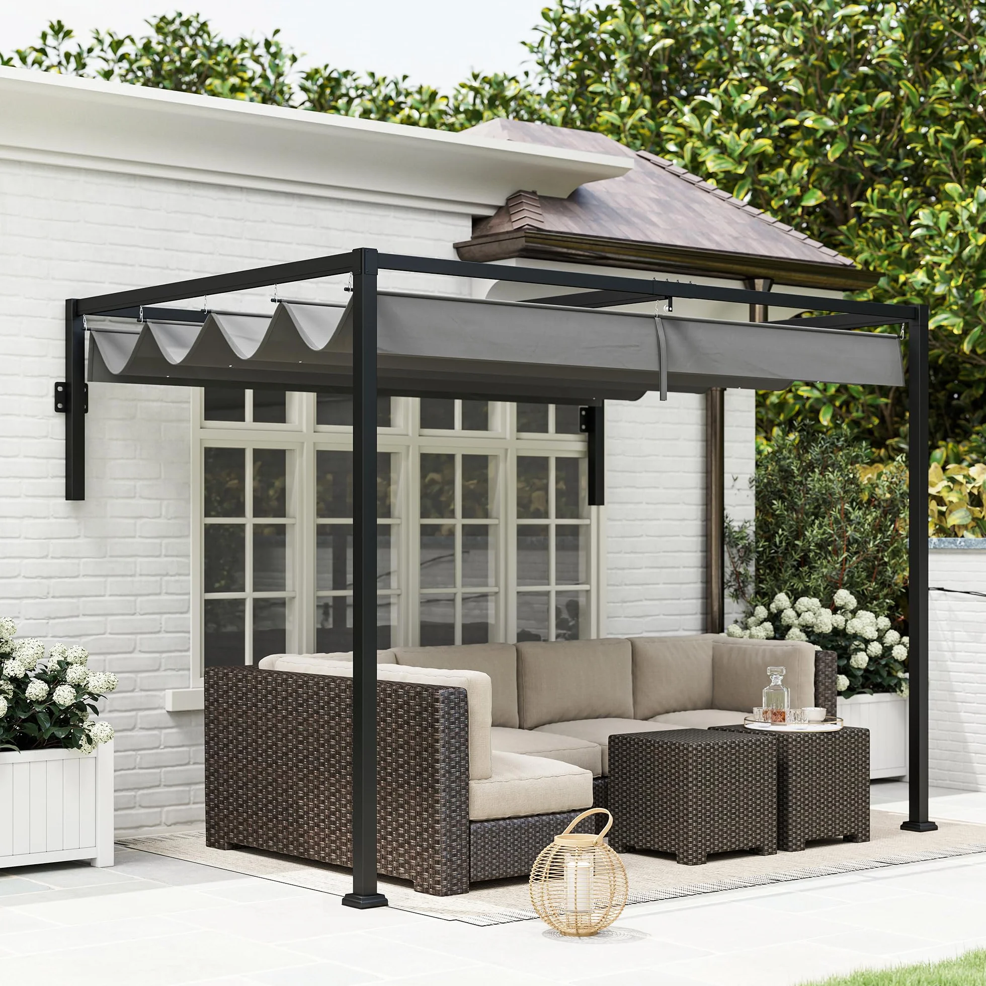 Outsunny Pérgola con Techo Retráctil Pérgola de Pared 3x2 m Cenador con Tela de Poliéster Resistente al Agua Pabellón para Jardín Patio Terraza Exterior Gris Oscuro