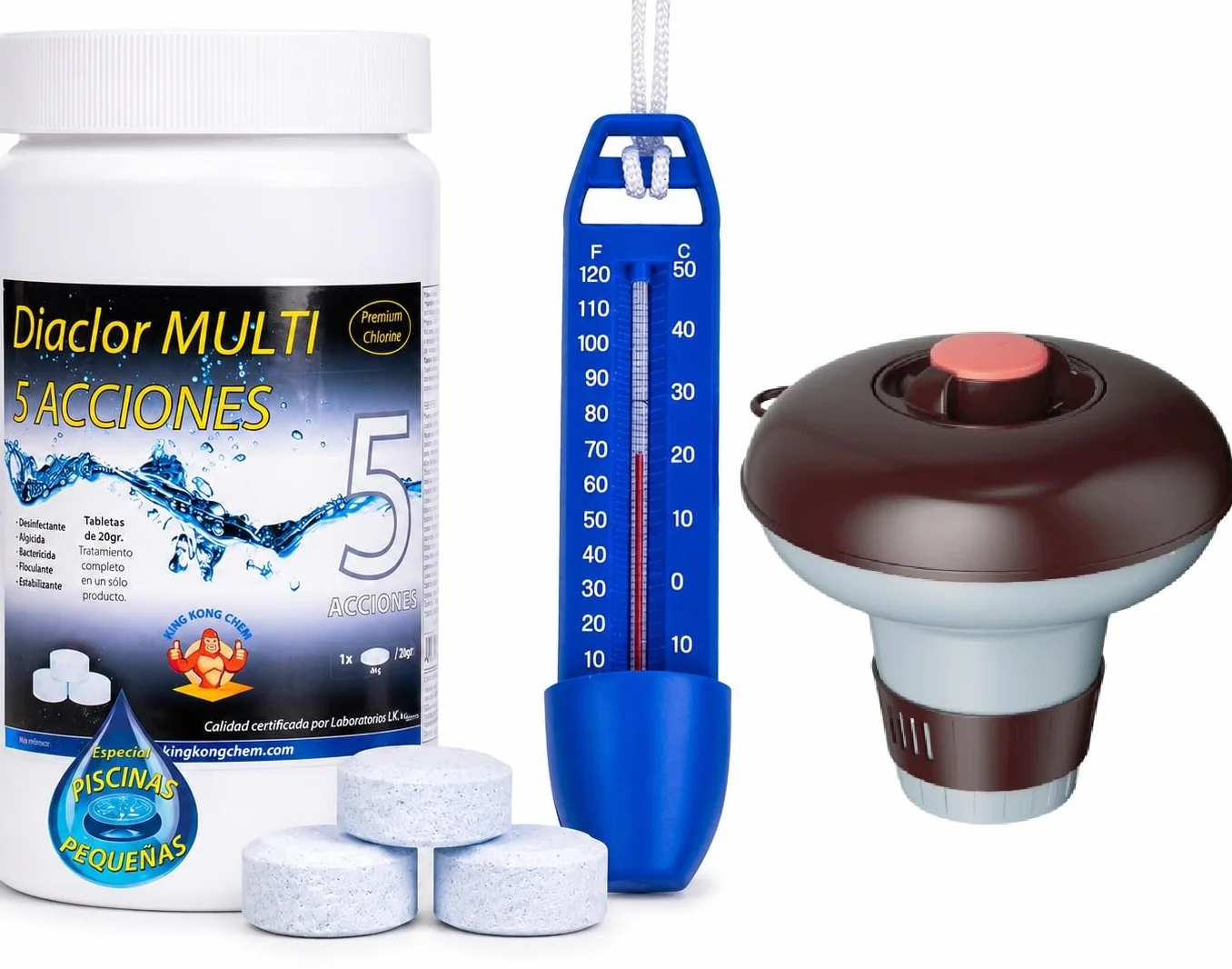 Kit Cloro Piscinas Pequeñas DIACLOR Multi 5 ACCIONES 1 KG Pastillas 20 GR SIN Cobre + DOSIFICADOR + TERMÓMETRO