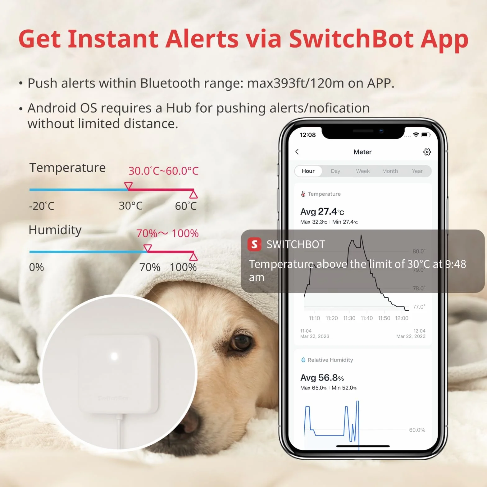 SwitchBot Termohigrómetro Digital Pantalla LCD Sensor Temperatura Humedad Bluetooth Alerta Inteligente