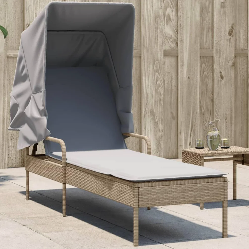 Tumbona con techo, color beige poli ratán 62 x 200 x 130 cm, respaldo ajustable, resistente a los rayos UV, incluye almohada, para jardín, terraza, piscina, silla de salón de gravedad cero al
