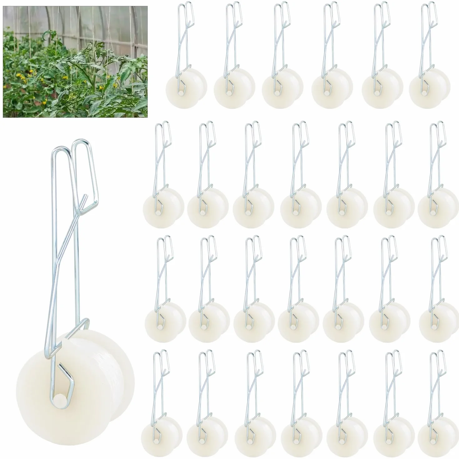 Paquete de 40 ganchos de rodillo de tomate con cuerda de 49.2 pies, kit de enrejado de invernadero para tomate, planta, invernadero, enredadera de flores, kit de enrejado para plantas