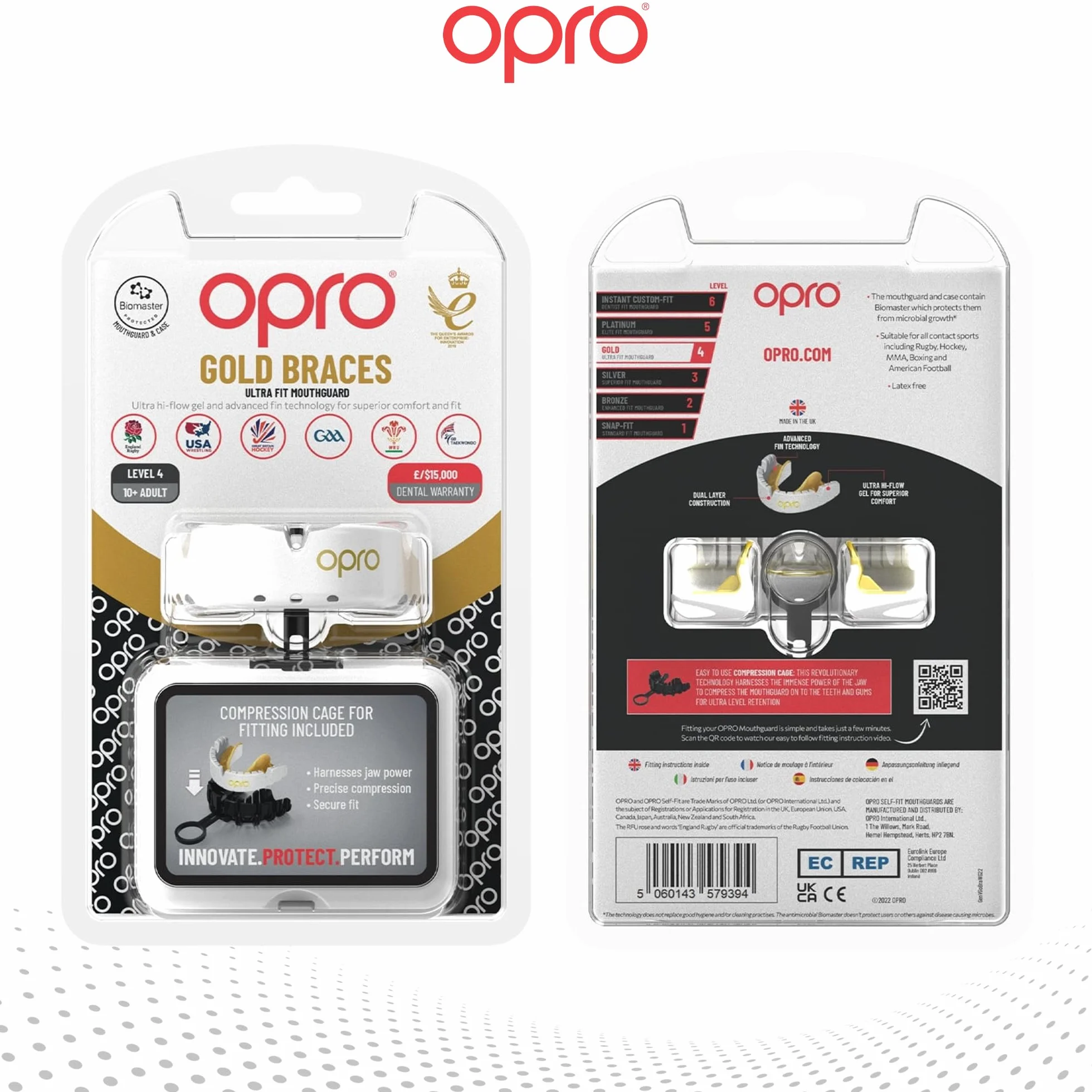 OPRO Protector Bucal Gold Level para Brackets, Deportivo, Protección y Ajuste, Rugby, Boxeo, MMA