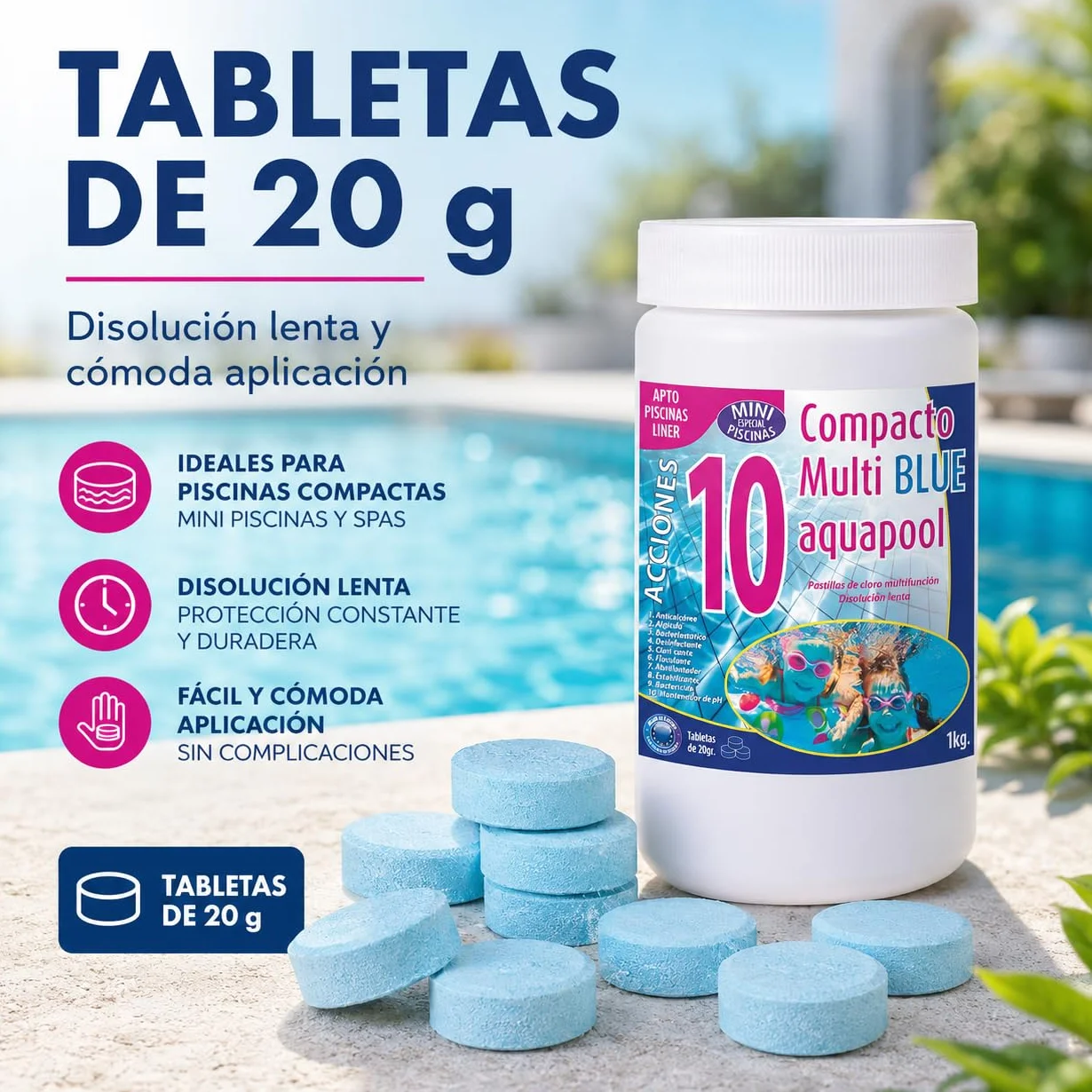Cloro Mini Piscinas Aquapool Tabletas 1 kg Apto para POLIÉSTER Liner