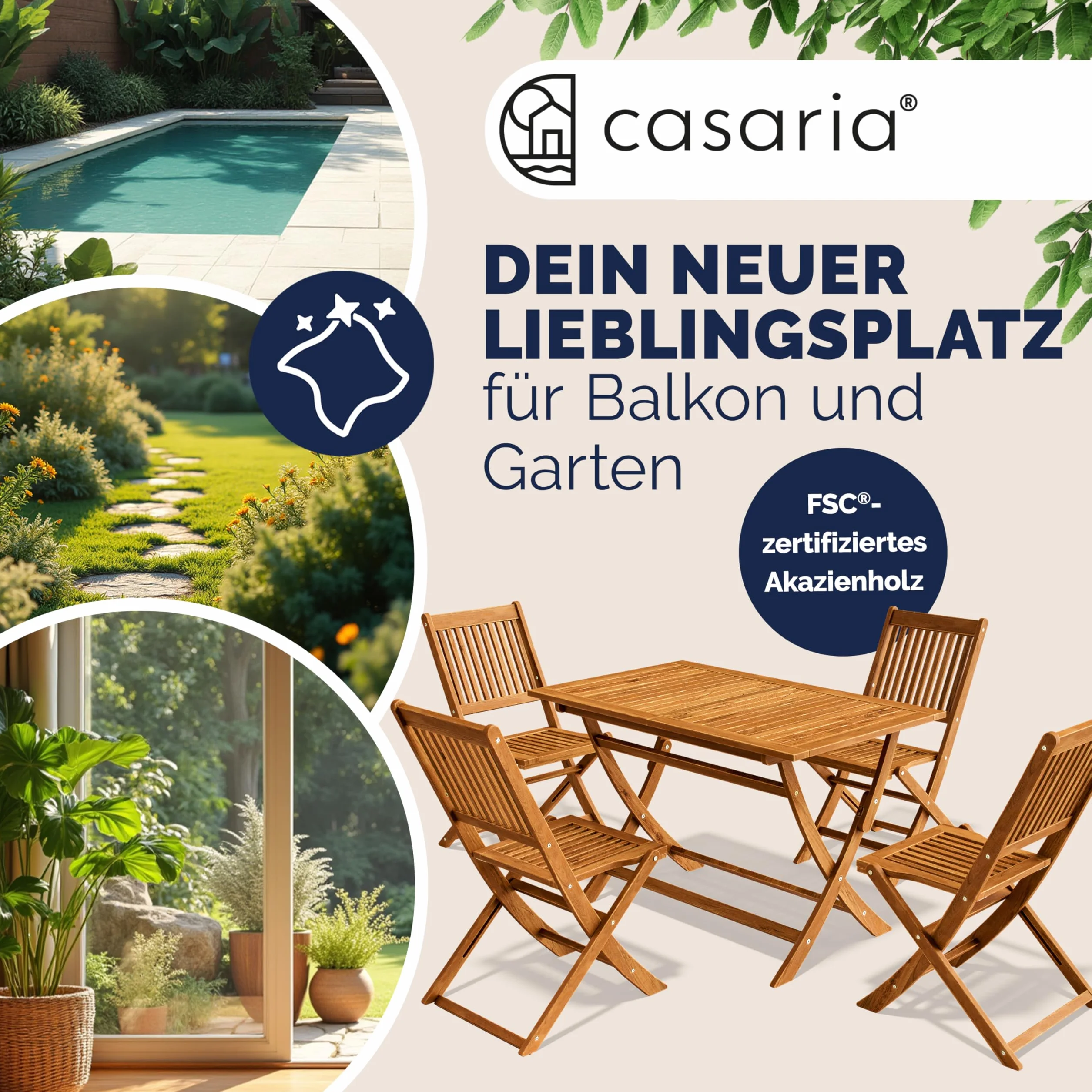 CASARIA® Juego de Muebles de Jardín 5 Piezas Mesa Extra Estable con Refuerzo Madera Acacia FSC® 4 Sillas Plegable Exterior