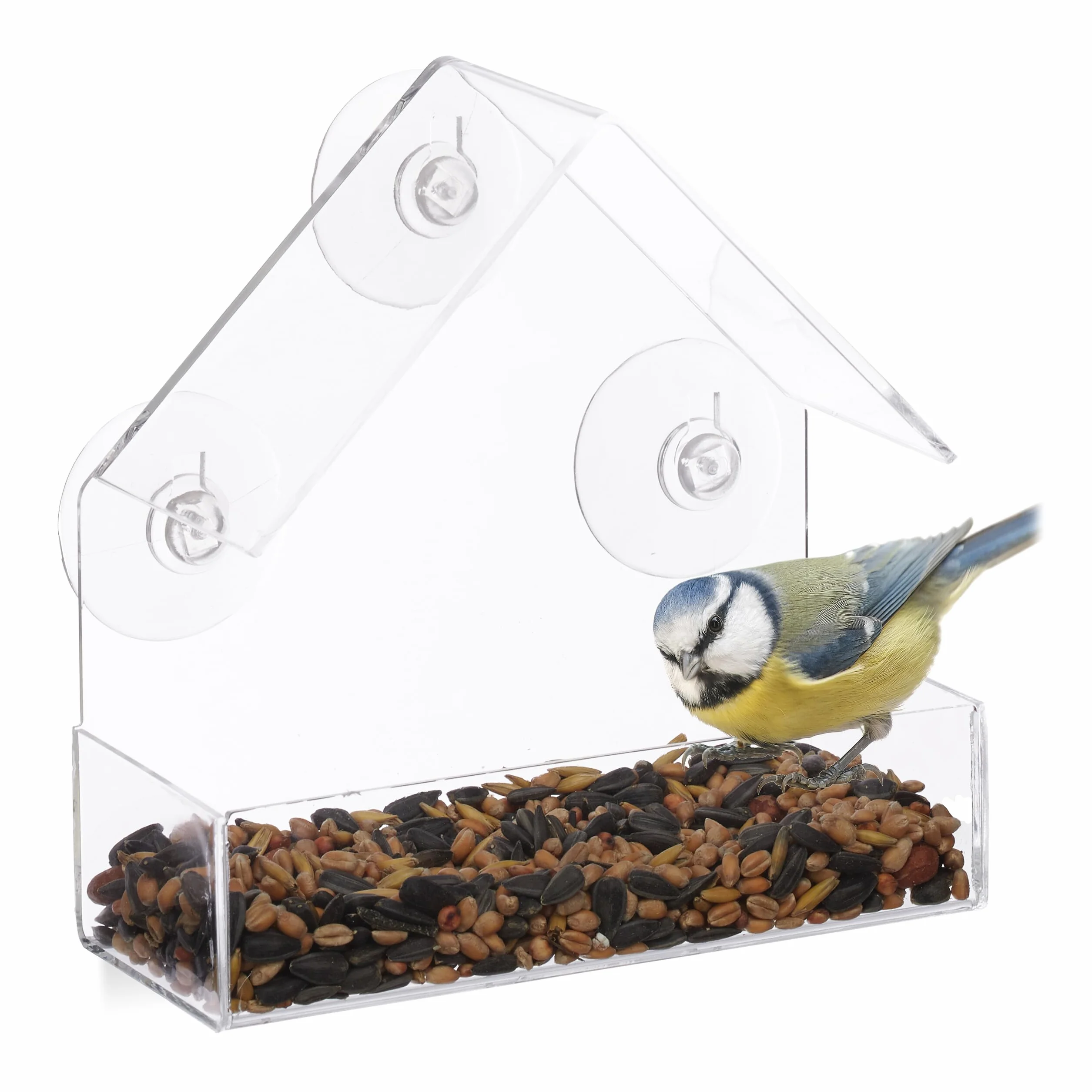 Set 10 Comederos Pájaros para Ventana con 3 Ventosas, Cristal Acrílico y PVC, Transparente, 15 x 15 x 7 cm