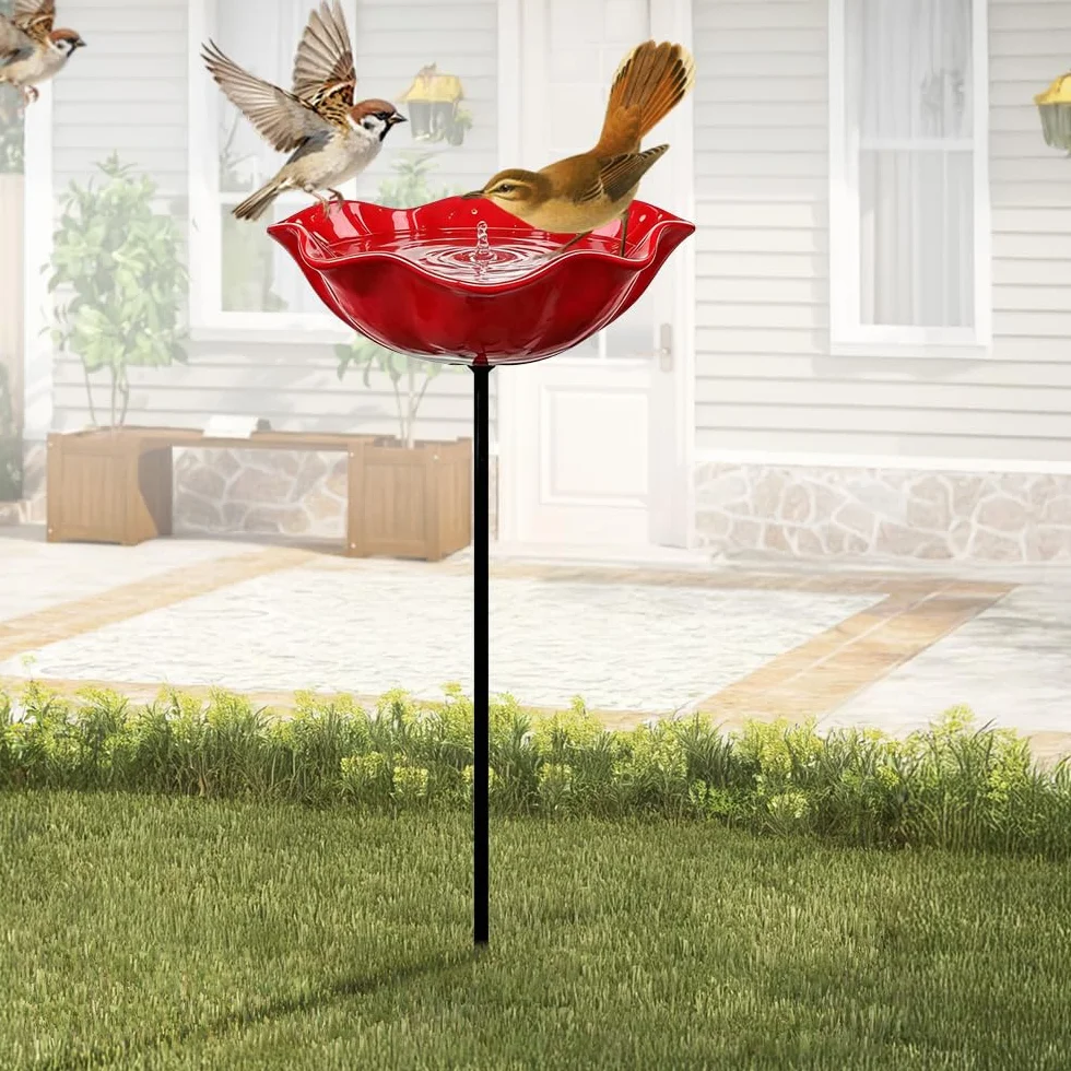 Bebedero para Pájaros de Pie, Baño para Pájaros Exterior, Comedero Forma de Flor, Metal para Jardín (Rojo)