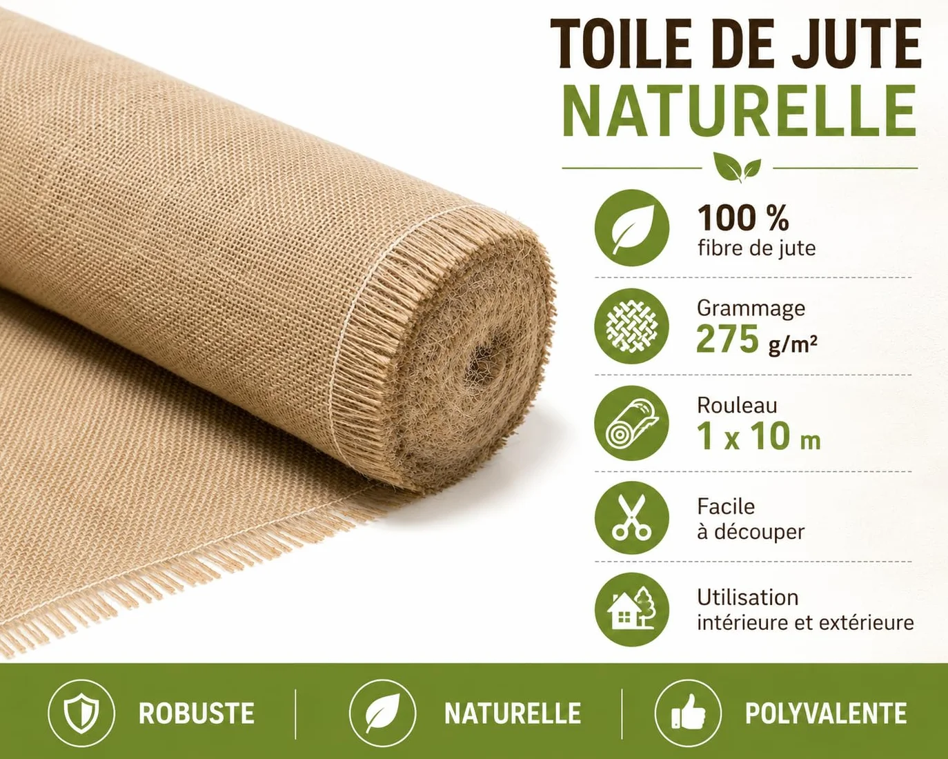 La cordeline CJN11C Rollo de Tela de Yute 275 gr/m² 1 m x 10 m