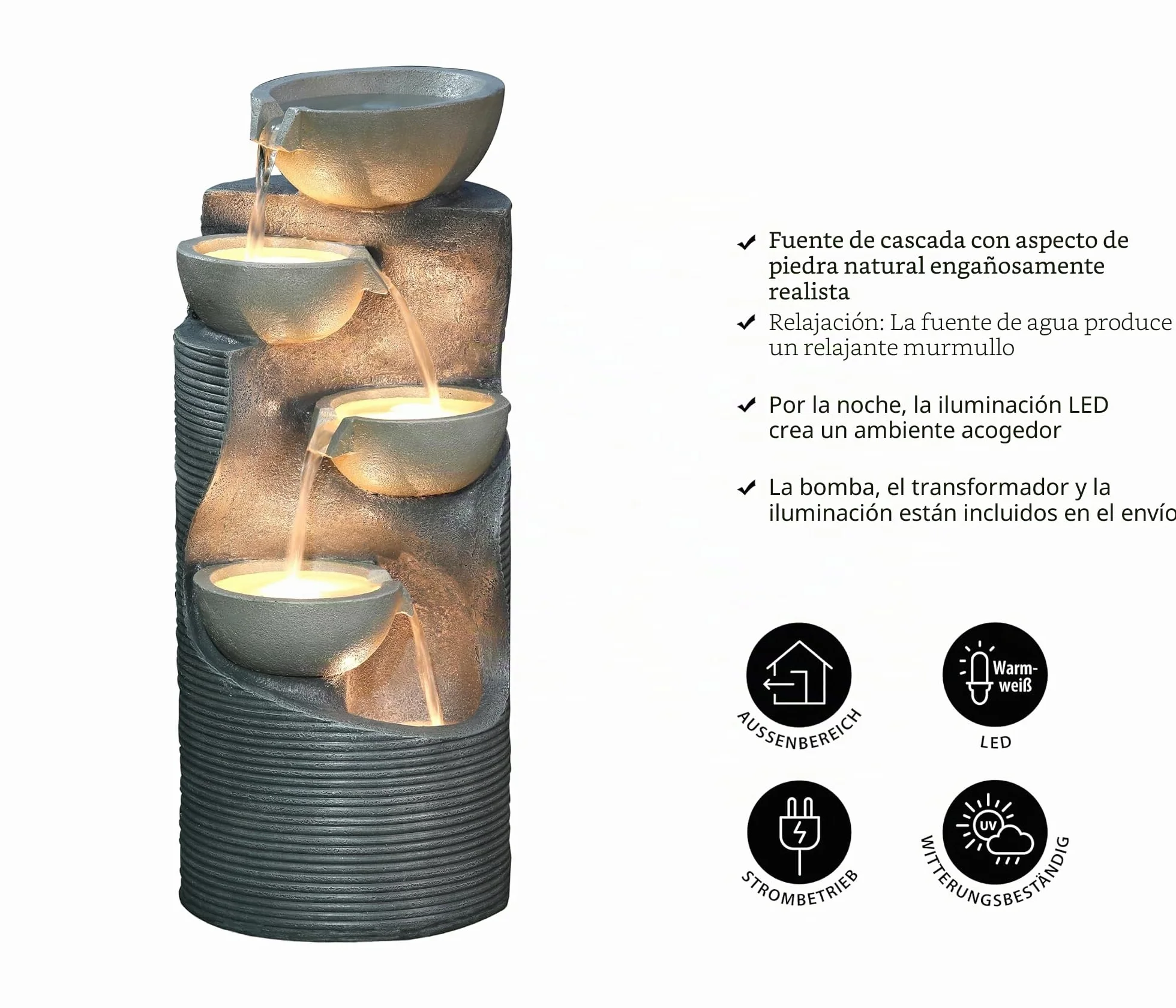 Dehner Fuente de jardín Salo con iluminación LED, Aprox. 81 x 34 x 33 cm, poliresina, Gris