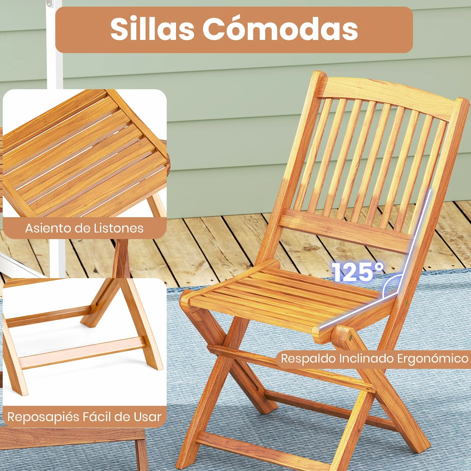 GIANTEX Set de Bistró Plegable 3 Piezas, Mesa y Sillas Terraza Madera Acacia con Cojines Removibles, Muebles Exterior Beige