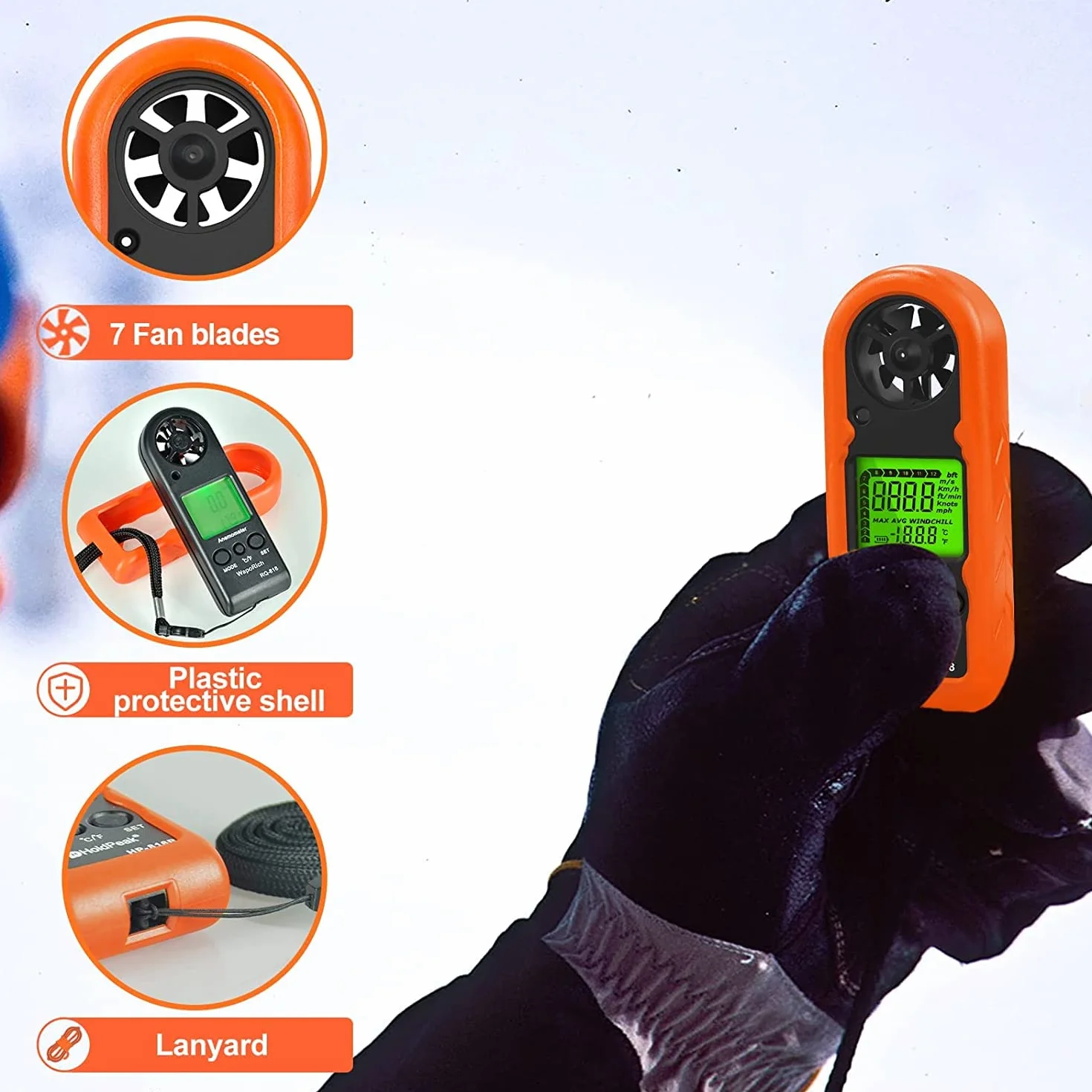 Anemómetro Mano RQ-818 Medidor Velocidad Viento Digital LCD Retroiluminada Temperatura Sensación Térmica Dron HVAC