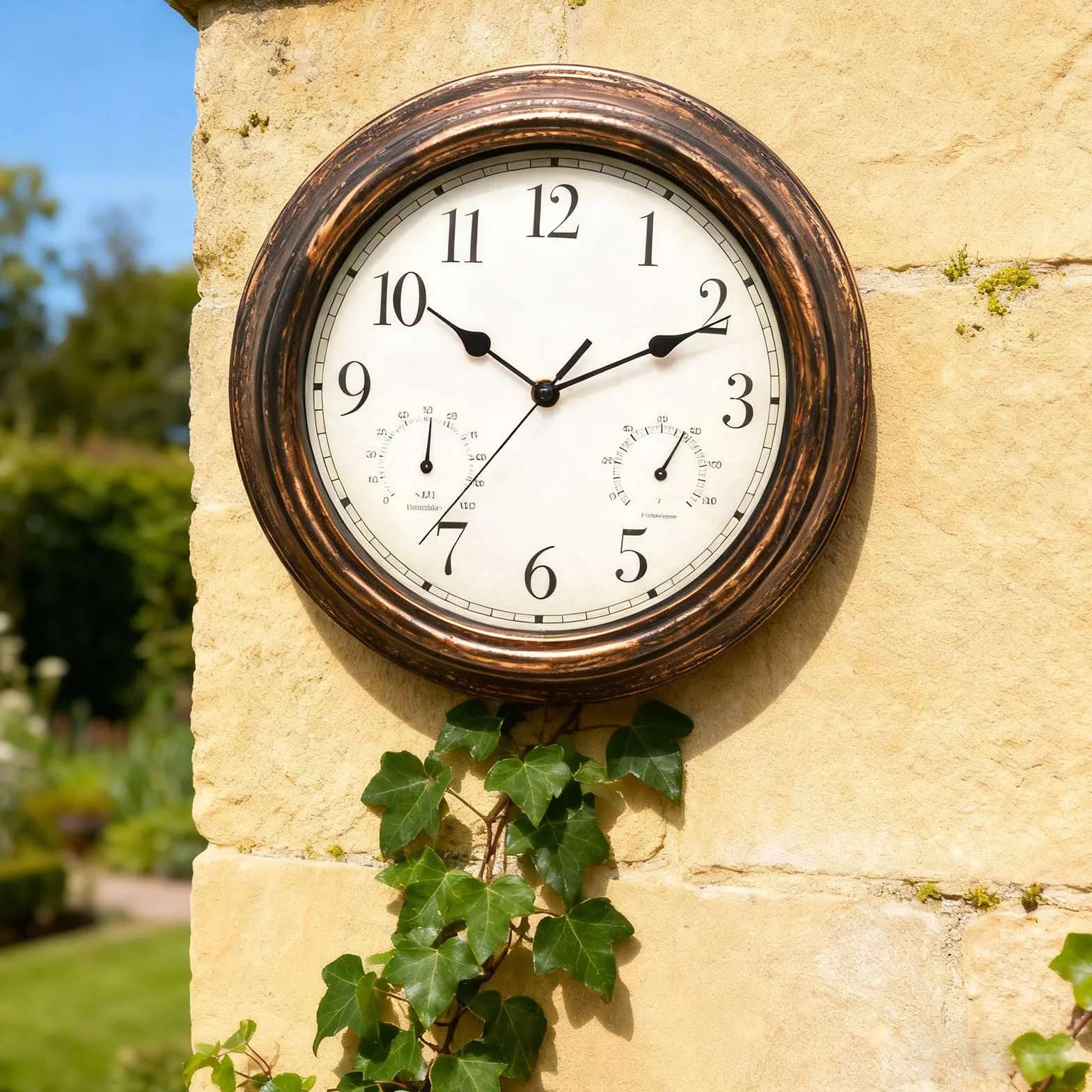 SUNOYA Reloj de jardín exterior 30 cm resistente al agua termómetro higrómetro reloj de pared retro