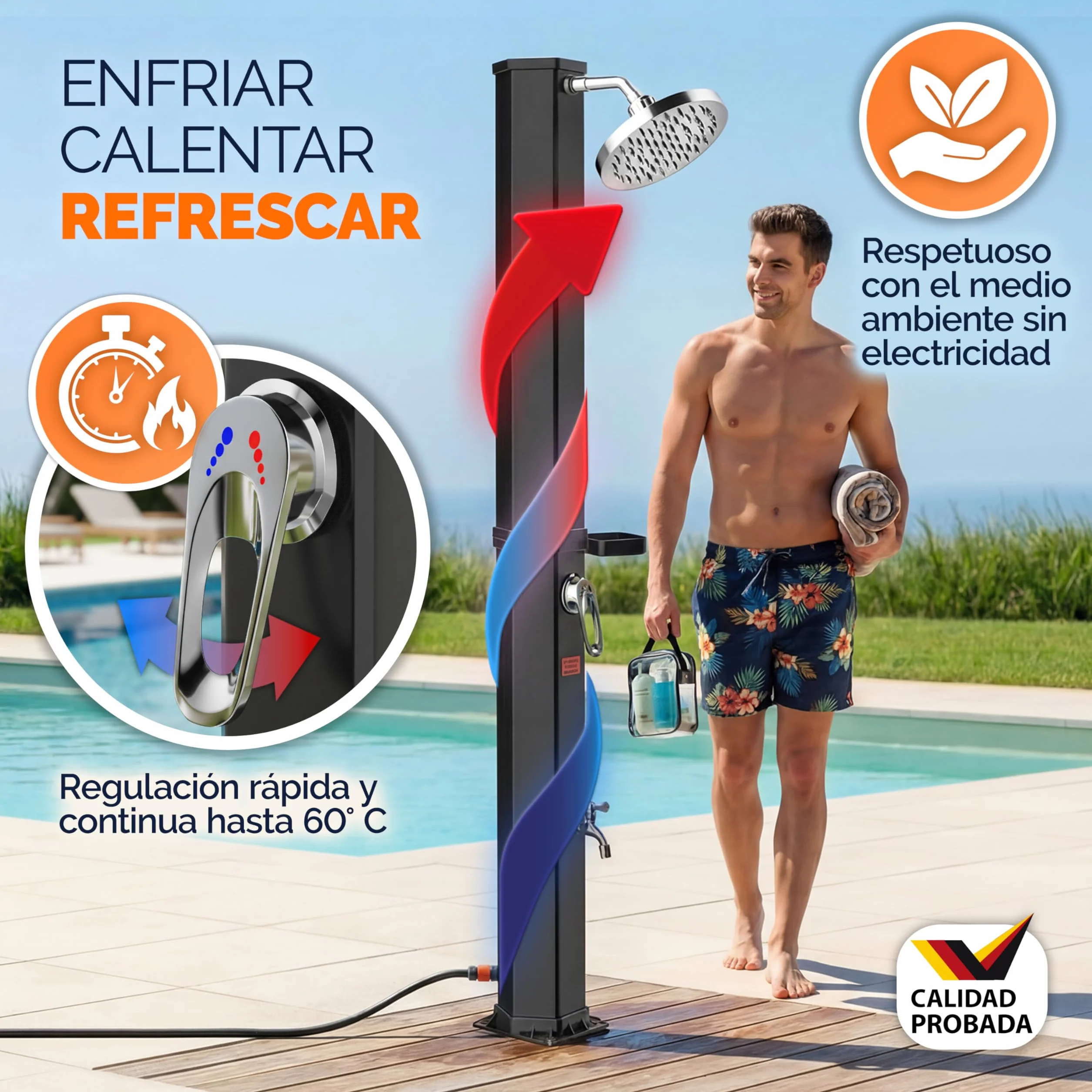 Ducha Solar Exterior 35 litros CASARIA Agua Caliente 60 °C Cabezal Lluvia Cubierta UV