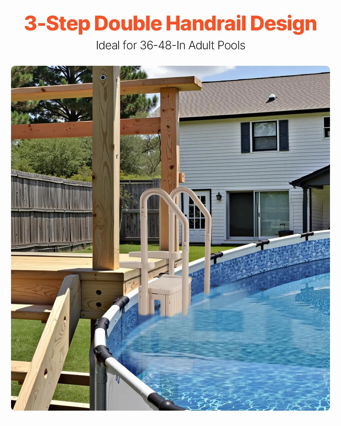 VEVOR Escalera para Piscina, 3 Escalones con Pasamanos Dobles, Capacidad 181,4 kg, 1500 x 820 x 670 mm, Gris Topo