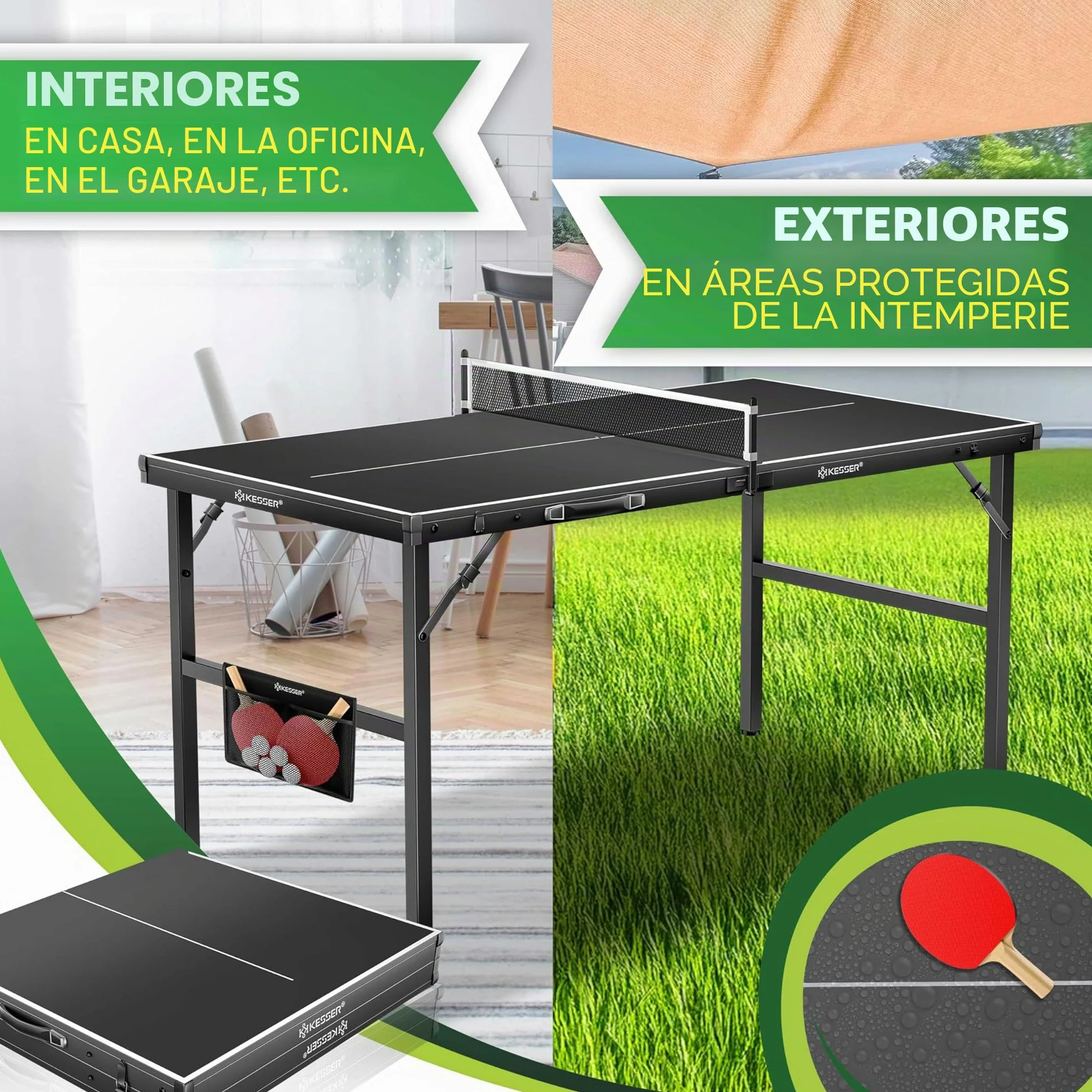 KESSER Mesa de ping pong Mini Outdoor Interior con raquetas, pelotas y red TT – Resistente a la intemperie – Plegable para viajes