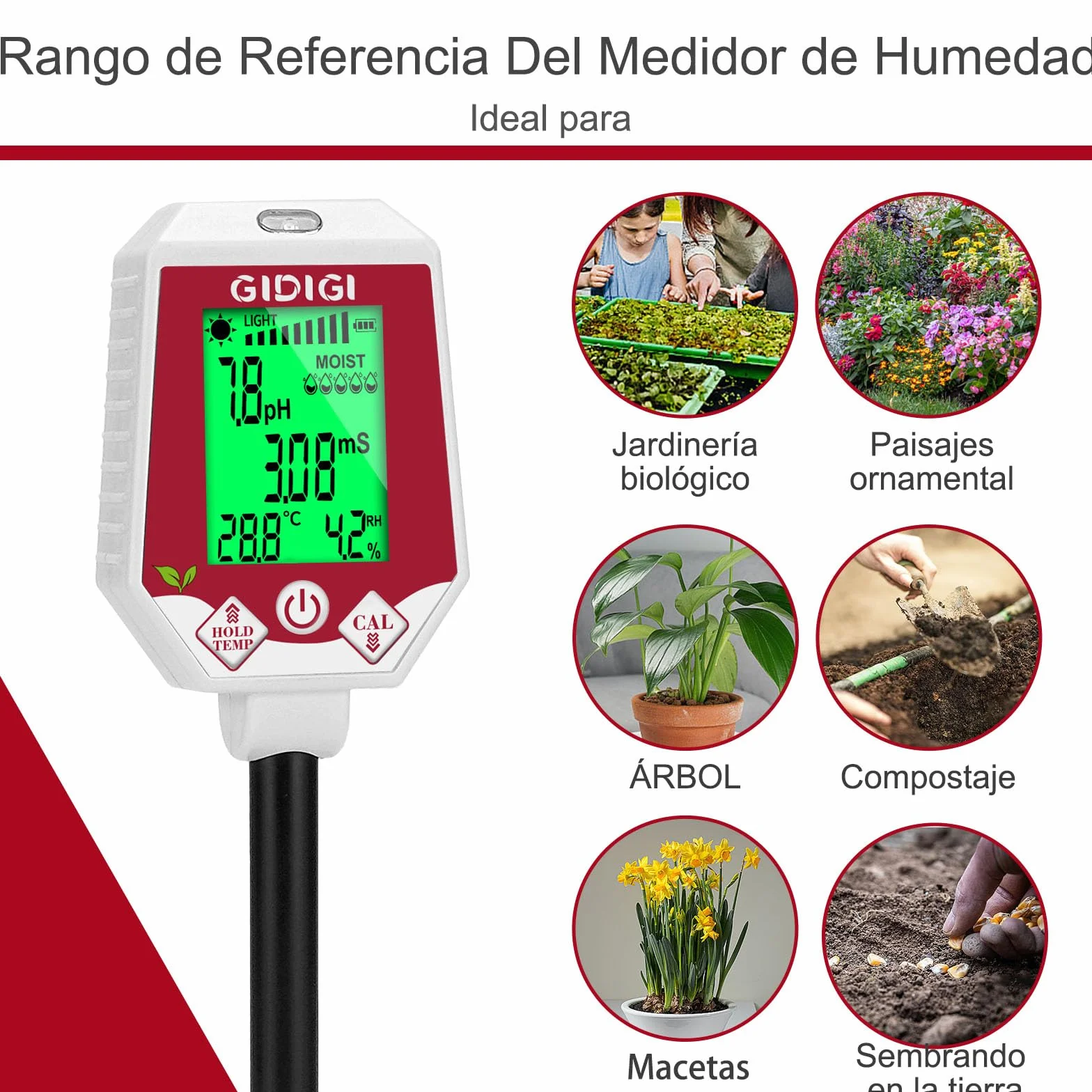 Medidor de pH y Humedad del Suelo 6 en 1, Monitor Digital para Plantas, Jardinería y Agricultura
