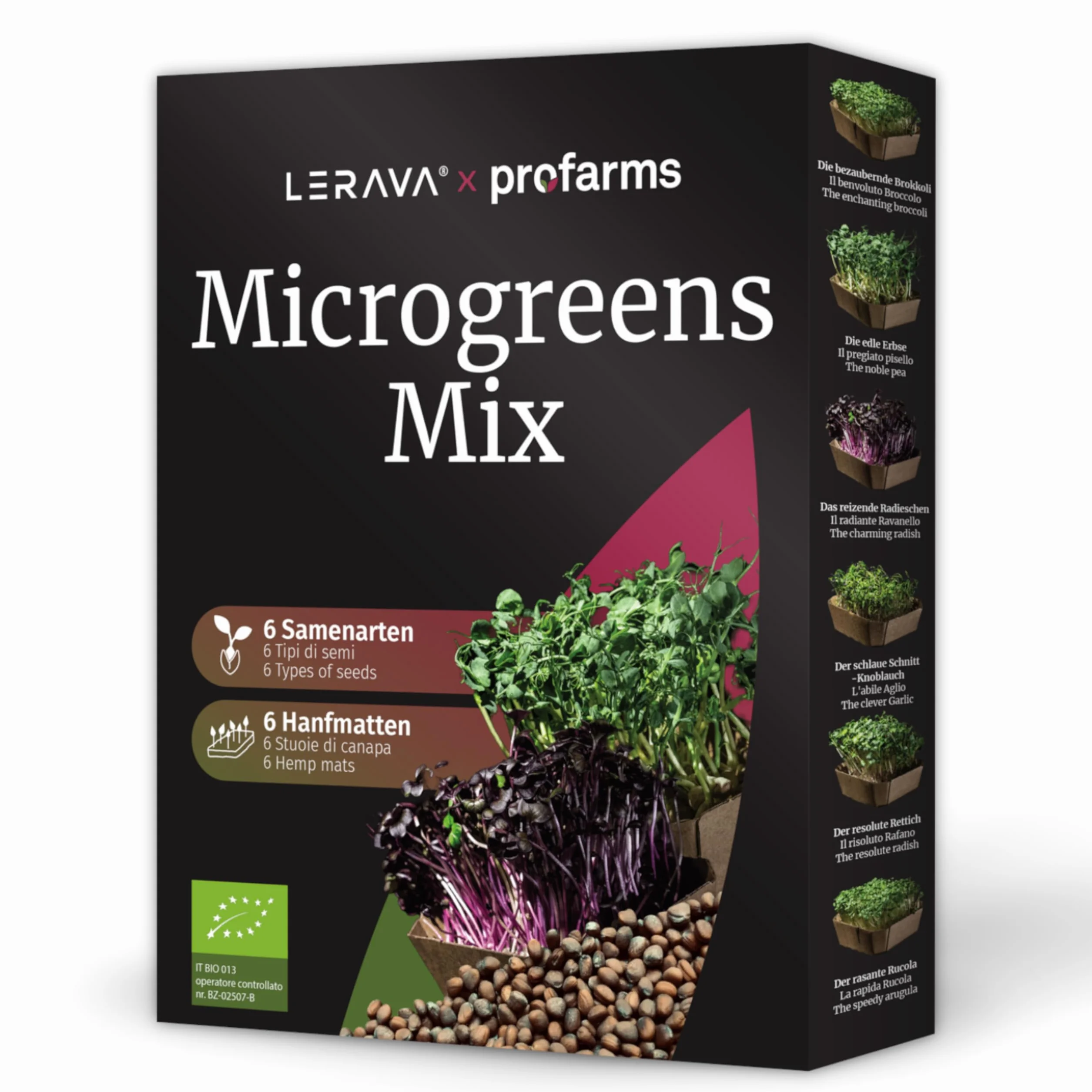 LERAVA Profarms Kit Microgreens BIO Cultiva en Casa Brotes Tiernos Rábanos Ajo Brócoli Rúcula Rábano Picante Guisantes Semillas Germinar 6 Pads Cáñamo