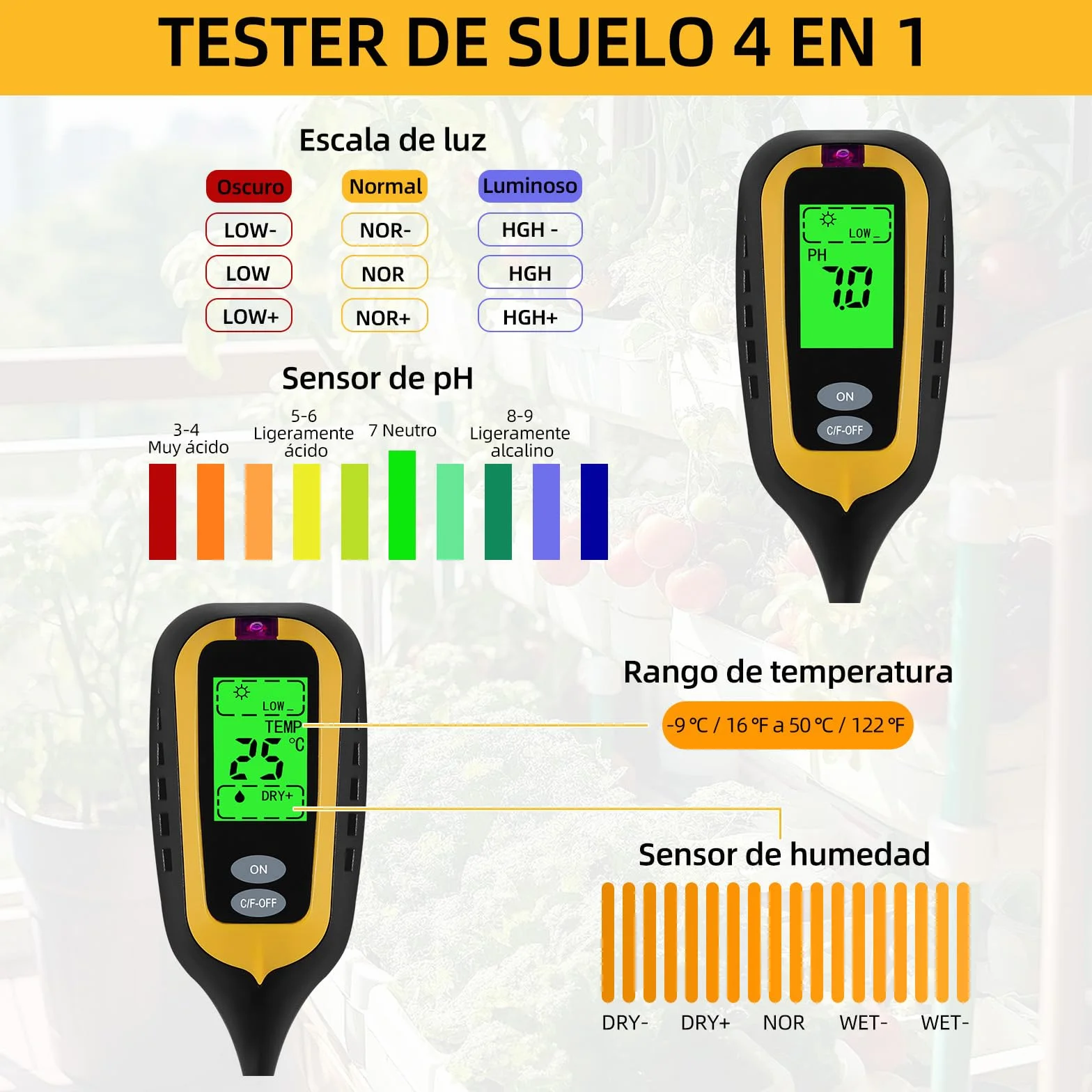 4 en 1 Medidor Humedad Plantas Medidor pH Tierra Suelo para Huertos Jardines