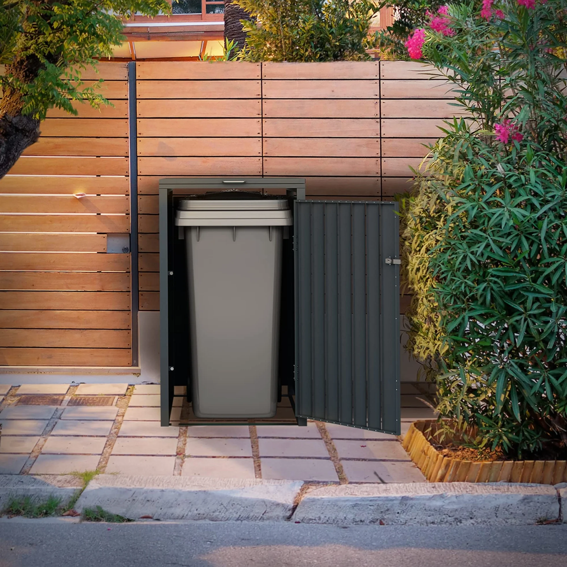 Cobertizo para Cubo de Basura 240L Antracita Aspecto Roble 68x80x116,3 cm Caseta de Acero para Jardín Exterior